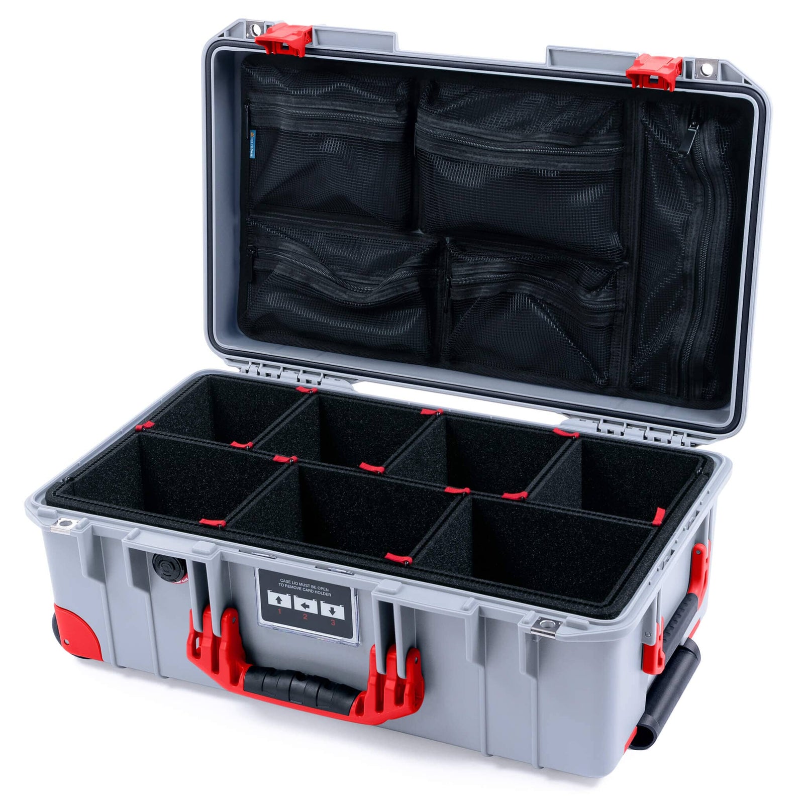 Pelican 1535 Air Case, Silver with Red Handles, Latches & Trolley TrekPak Divider System with Mesh Lid Organizer ColorCase 015350-0120-180-321-320