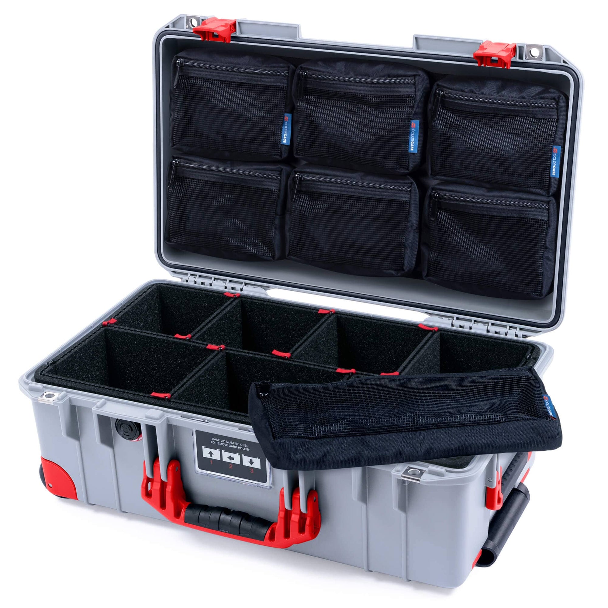 Pelican 1535 Air Case, Silver with Red Handles, Latches & Trolley TrekPak Divider System with 7-Piece Removable Mesh Pouches ColorCase 015350-0720-180-321-320