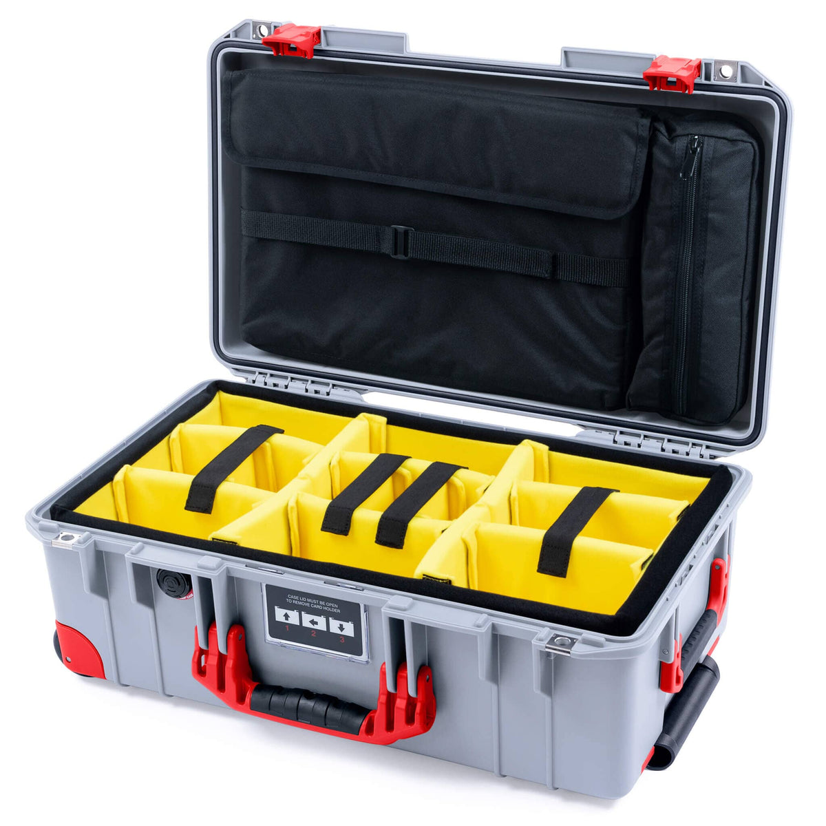 Pelican 1535 Air Case, Silver with Red Handles, Latches &amp; Trolley Yellow Padded Microfiber Dividers with Laptop Computer Lid Pouch ColorCase 015350-0210-180-321-320