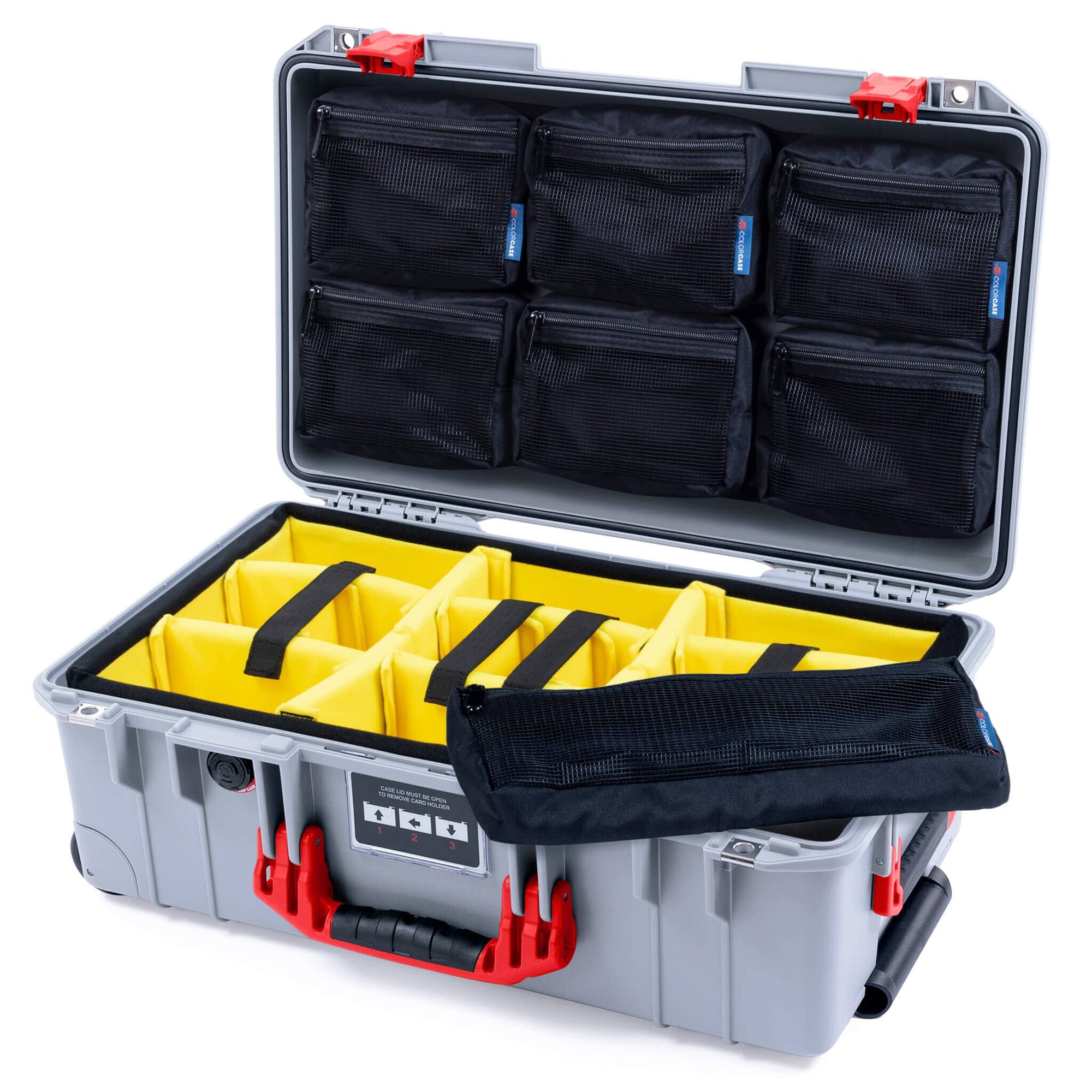 Pelican 1535 Air Case, Silver with Red Handles & Latches Yellow Padded Microfiber Dividers with 7-Piece Removable Mesh Pouches ColorCase 015350-0710-180-321