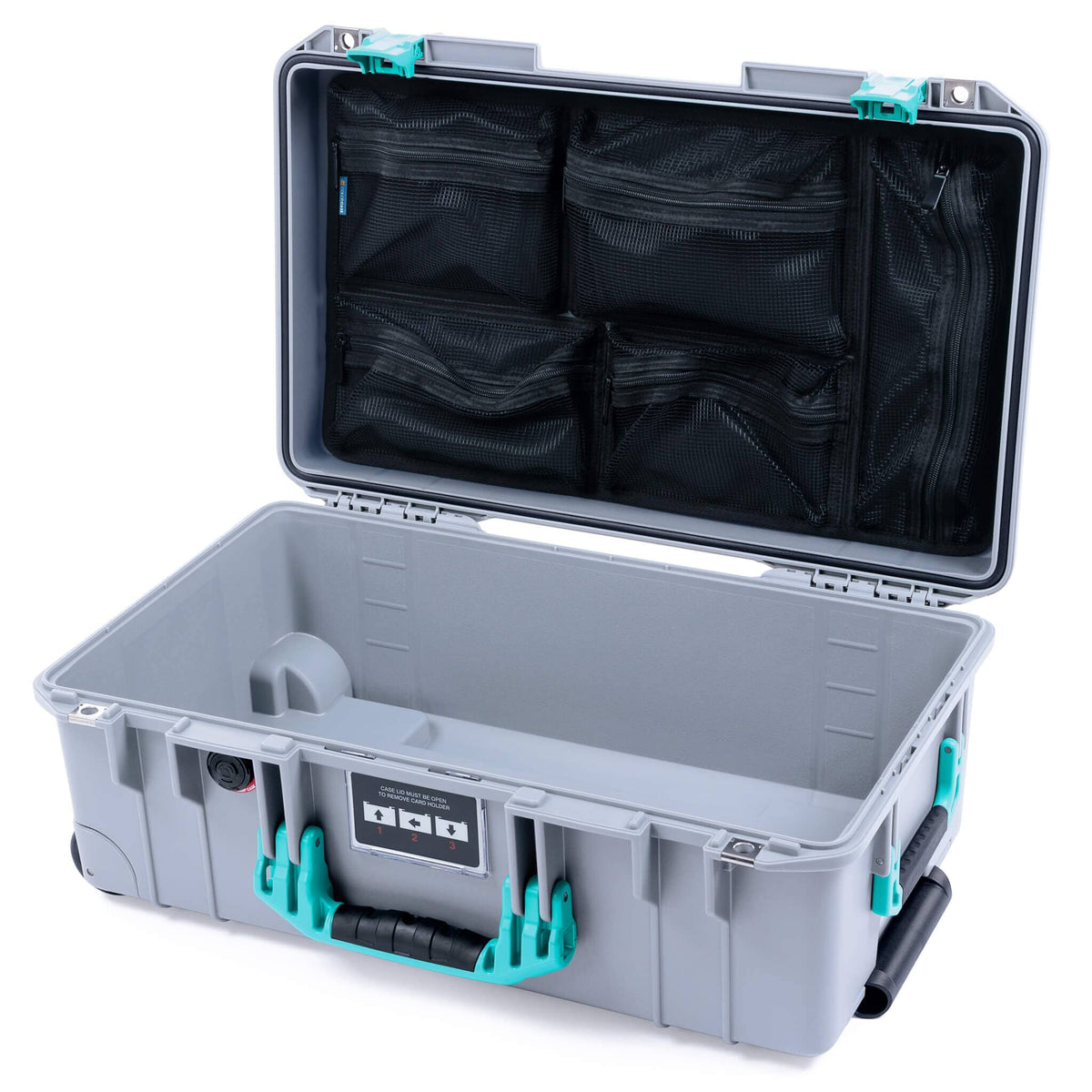 Pelican 1535 Air Case, Silver with Teal Handles &amp; Latches Mesh Lid Organizer Only ColorCase 015350-0100-180-591