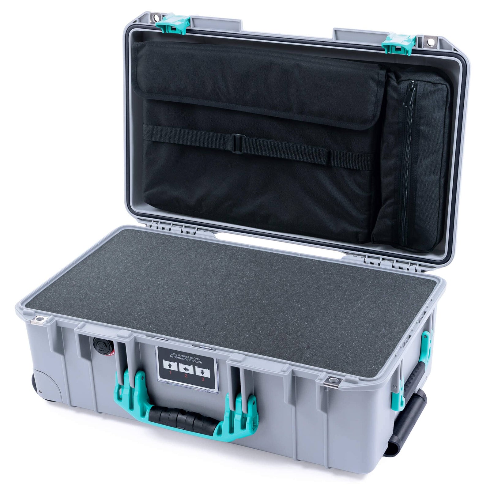 Pelican 1535 Air Case, Silver with Teal Handles & Latches Pick & Pluck Foam with Laptop Computer Lid Pouch ColorCase 015350-0201-180-591