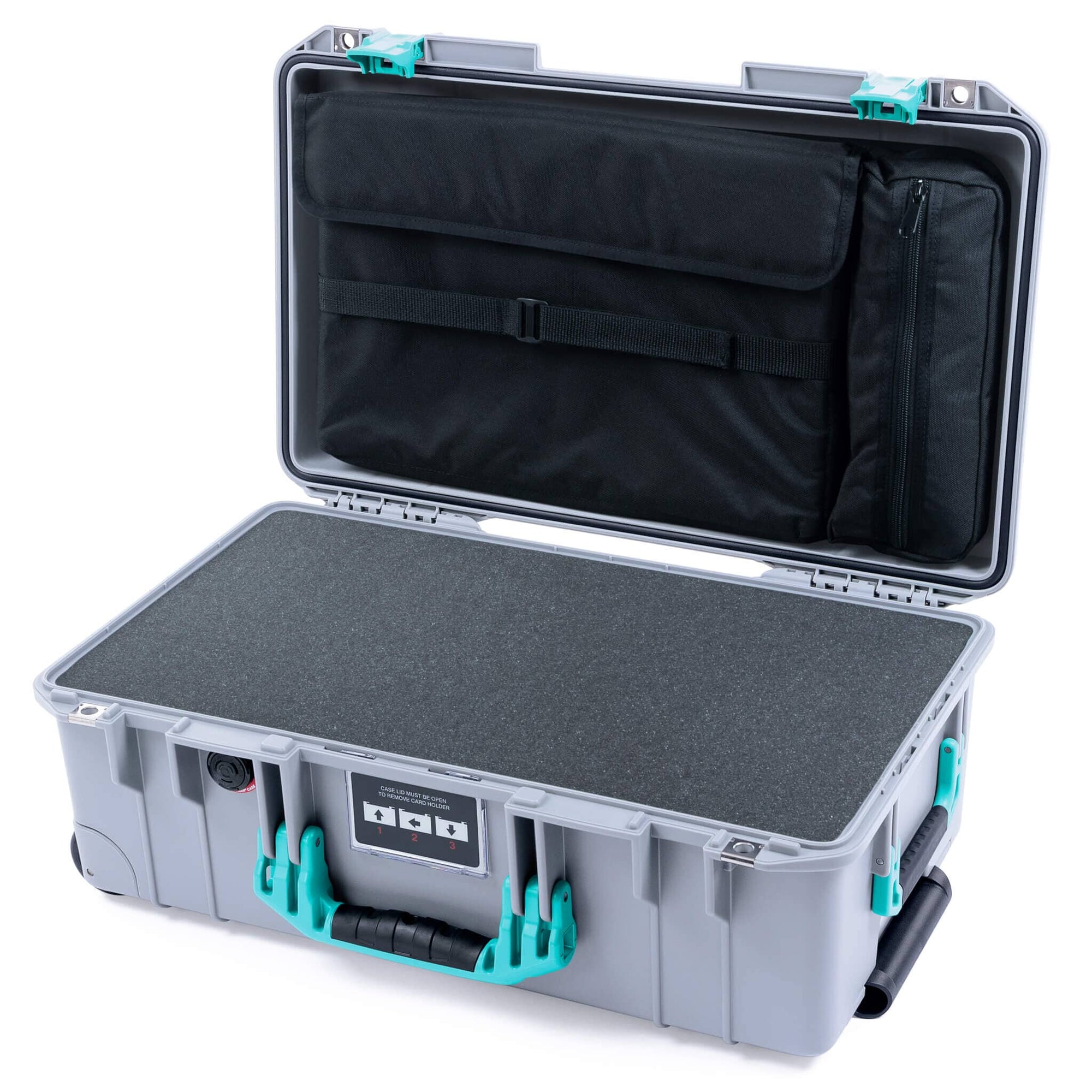 Pelican 1535 Air Case, Silver with Teal Handles & Latches Pick & Pluck Foam with Laptop Computer Lid Pouch ColorCase 015350-0201-180-591