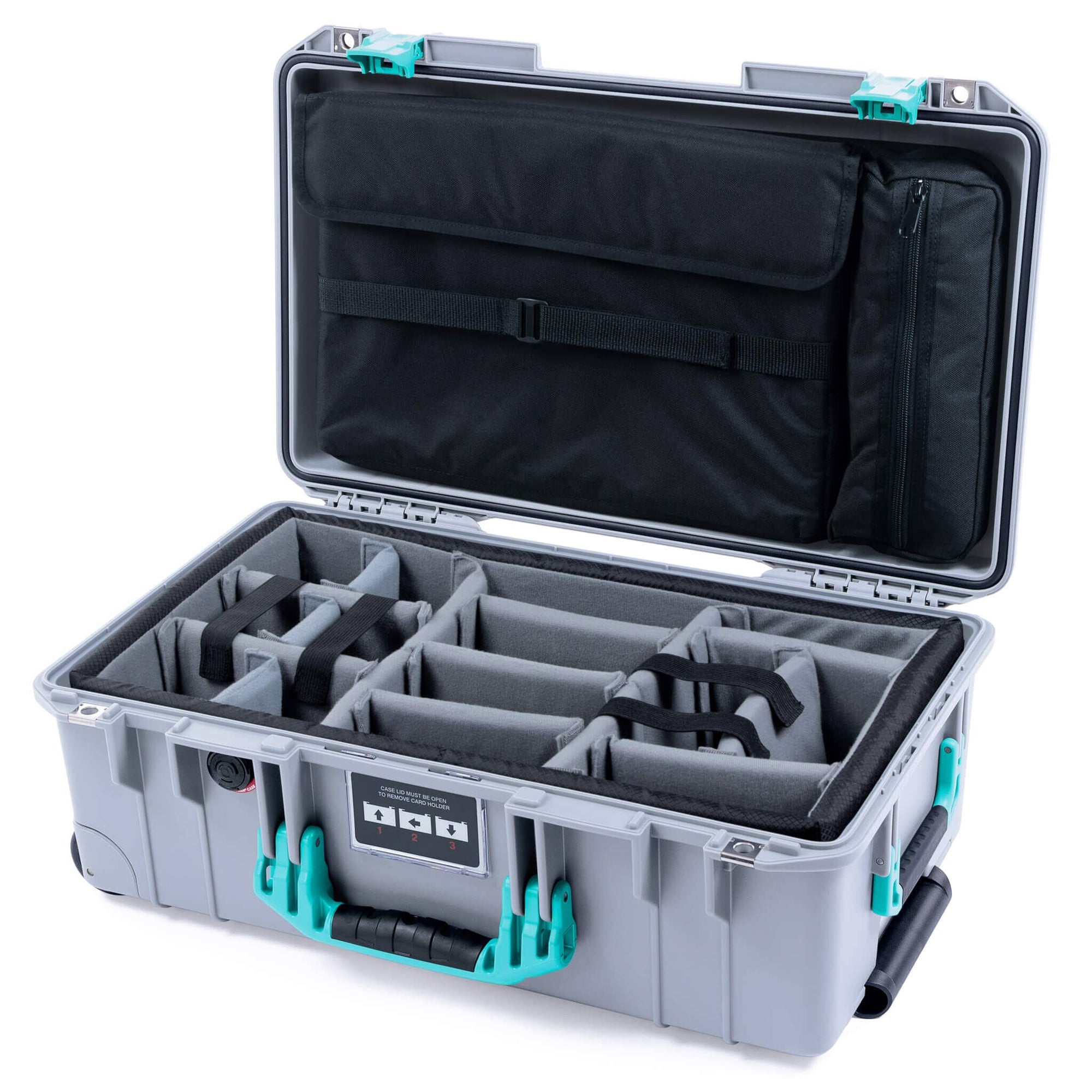 Pelican 1535 Air Case, Silver with Teal Handles & Latches Gray Padded Microfiber Dividers with Laptop Computer Lid Pouch ColorCase 015350-0270-180-591