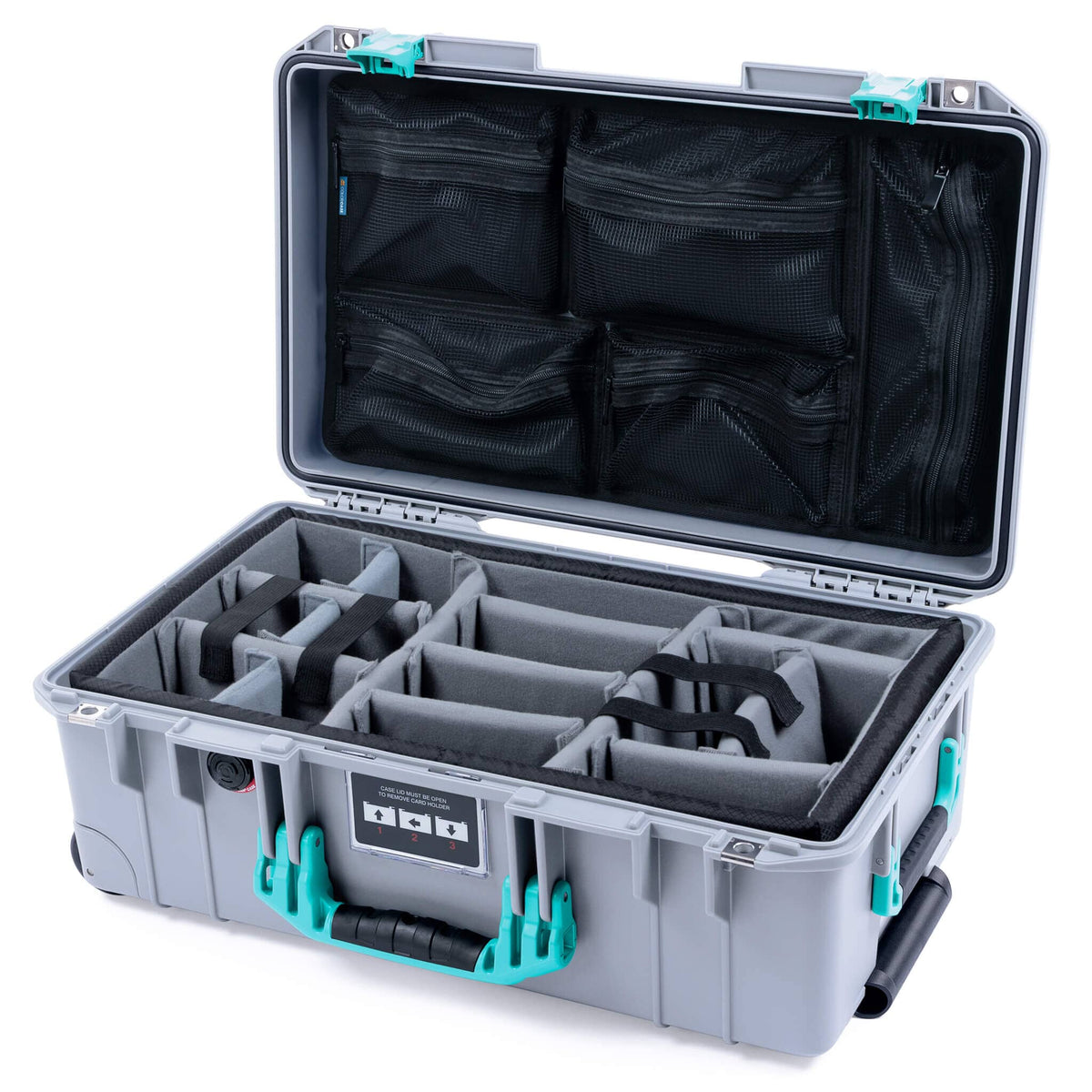 Pelican 1535 Air Case, Silver with Teal Handles &amp; Latches Gray Padded Microfiber Dividers with Mesh Lid Organizer ColorCase 015350-0170-180-591