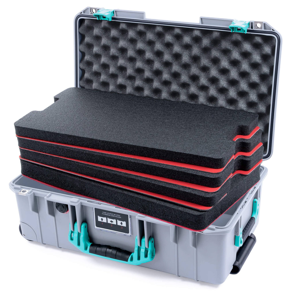 Pelican 1535 Air Case, Silver with Teal Handles &amp; Latches Custom Tool Kit (4 Foam Inserts with Convolute Lid Foam) ColorCase 015350-0060-180-591