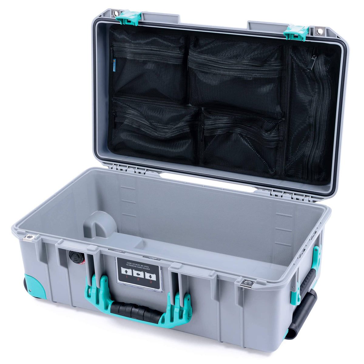 Pelican 1535 Air Case, Silver with Teal Handles, Latches &amp; Trolley Mesh Lid Organizer Only ColorCase 015350-0100-180-591-590