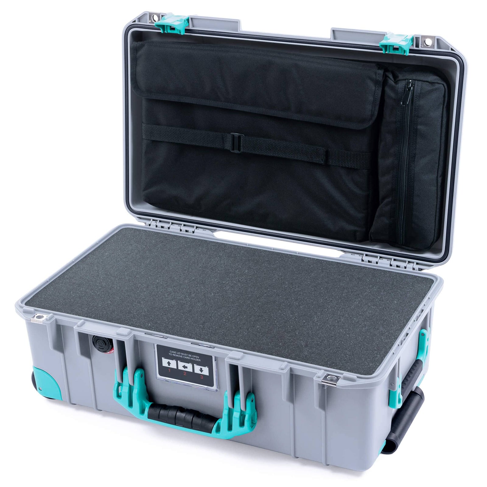 Pelican 1535 Air Case, Silver with Teal Handles, Latches & Trolley Pick & Pluck Foam with Laptop Computer Lid Pouch ColorCase 015350-0201-180-591-590