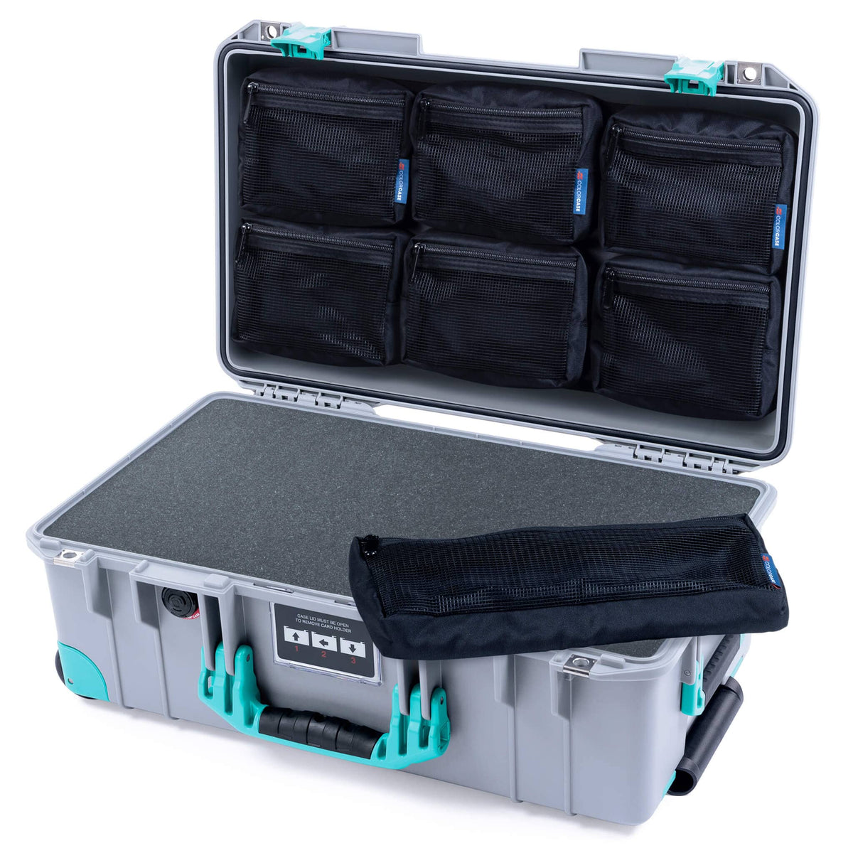 Pelican 1535 Air Case, Silver with Teal Handles, Latches &amp; Trolley Pick &amp; Pluck Foam with 7-Piece Removable Mesh Pouches ColorCase 015350-0701-180-591-590