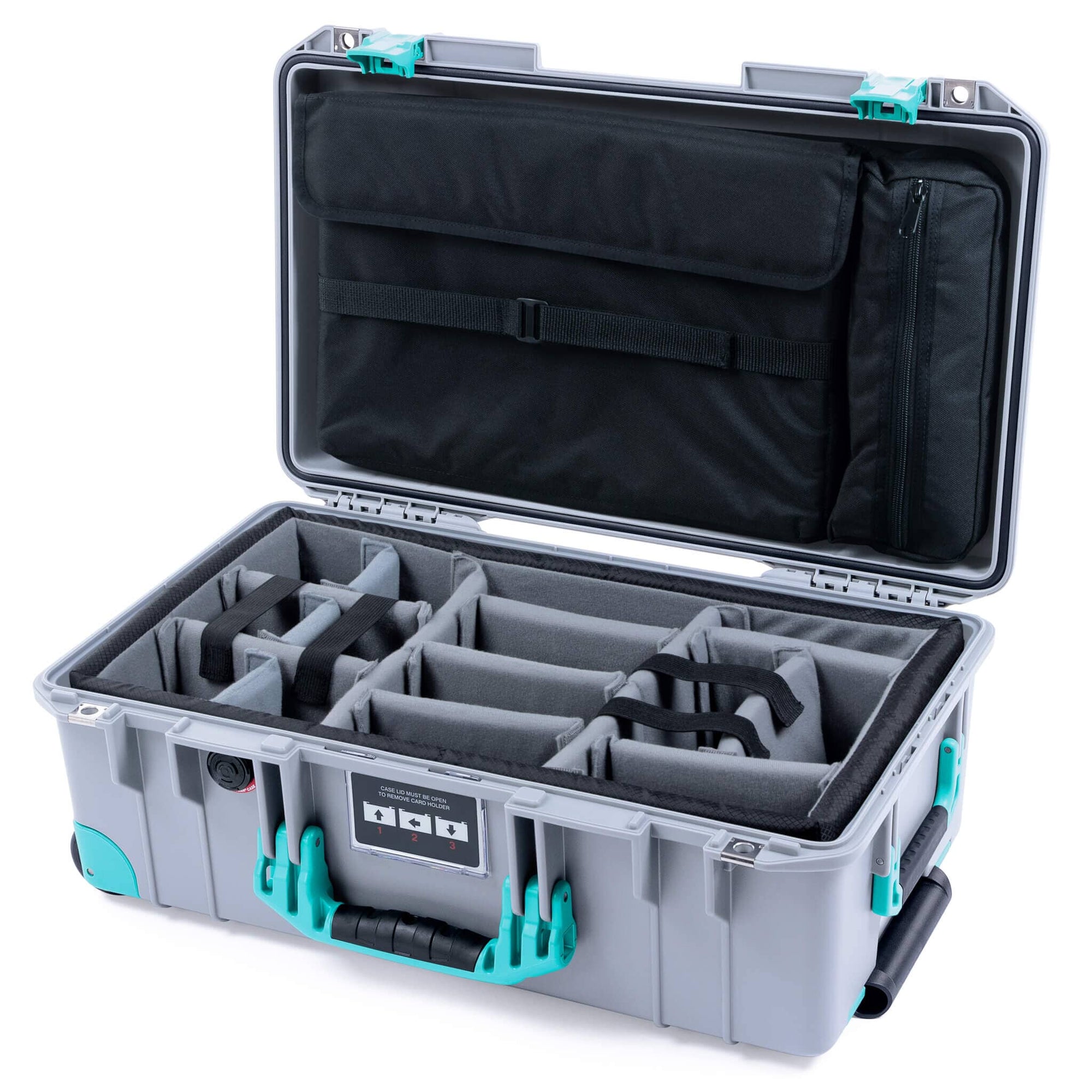 Pelican 1535 Air Case, Silver with Teal Handles, Latches & Trolley Gray Padded Microfiber Dividers with Laptop Computer Lid Pouch ColorCase 015350-0270-180-591-590