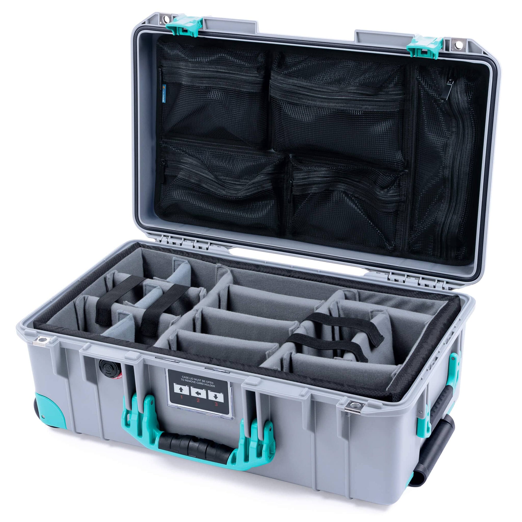 Pelican 1535 Air Case, Silver with Teal Handles, Latches & Trolley Gray Padded Microfiber Dividers with Mesh Lid Organizer ColorCase 015350-0170-180-591-590