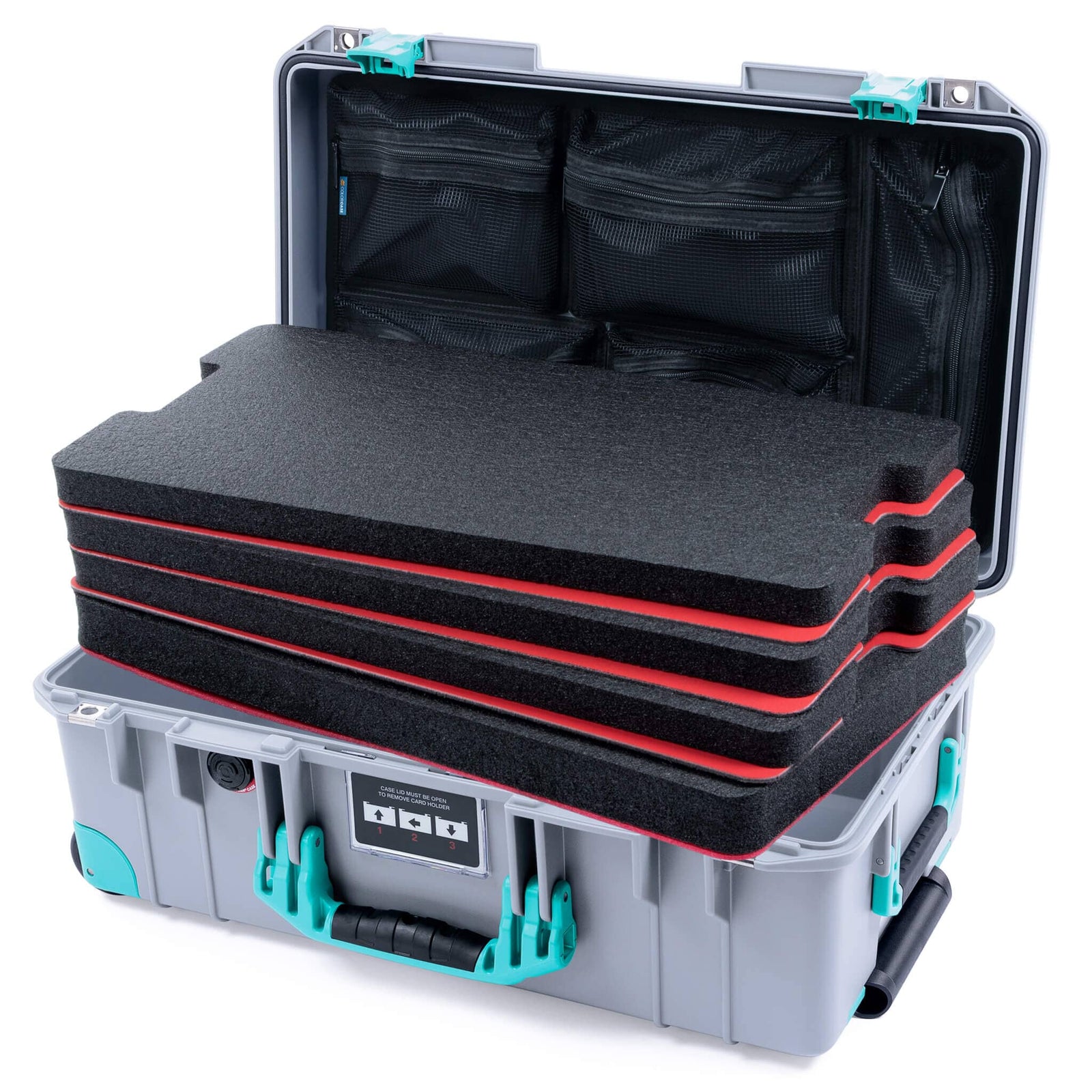Pelican 1535 Air Case, Silver with Teal Handles, Latches & Trolley Custom Tool Kit (4 Foam Inserts with Mesh Lid Organizer) ColorCase 015350-0160-180-591-590
