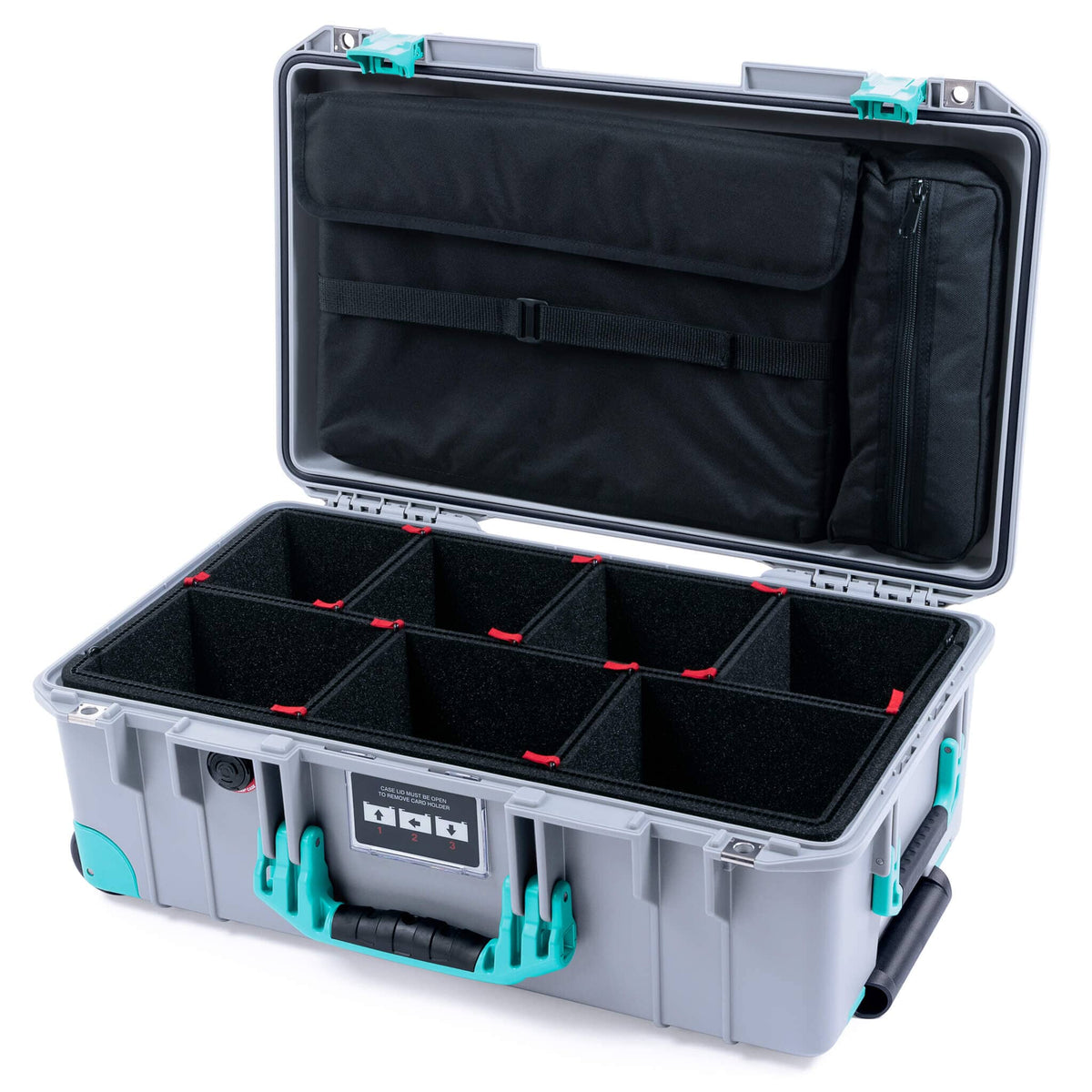 Pelican 1535 Air Case, Silver with Teal Handles, Latches &amp; Trolley TrekPak Divider System with Laptop Computer Lid Pouch ColorCase 015350-0220-180-591-590