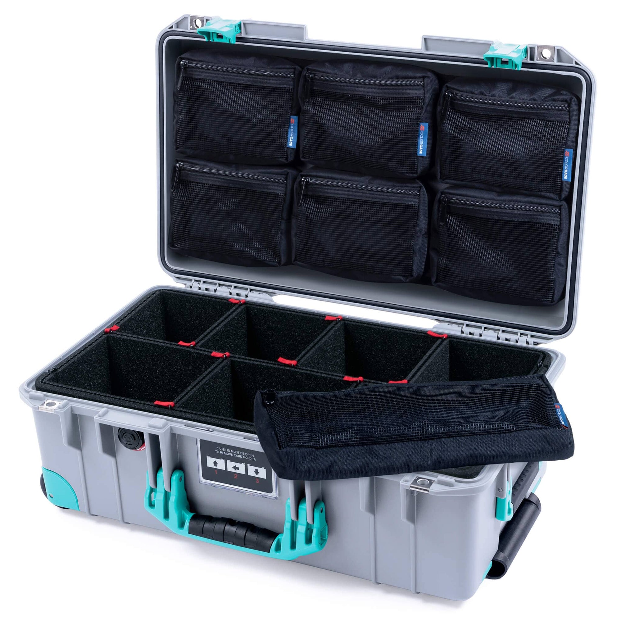 Pelican 1535 Air Case, Silver with Teal Handles, Latches & Trolley TrekPak Divider System with 7-Piece Removable Mesh Pouches ColorCase 015350-0720-180-591-590