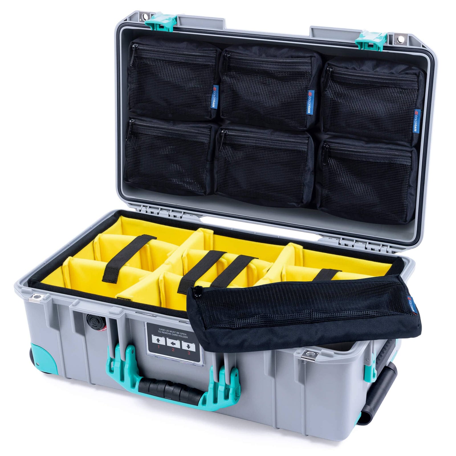 Pelican 1535 Air Case, Silver with Teal Handles, Latches & Trolley Yellow Padded Microfiber Dividers with 7-Piece Removable Mesh Pouches ColorCase 015350-0710-180-591-590