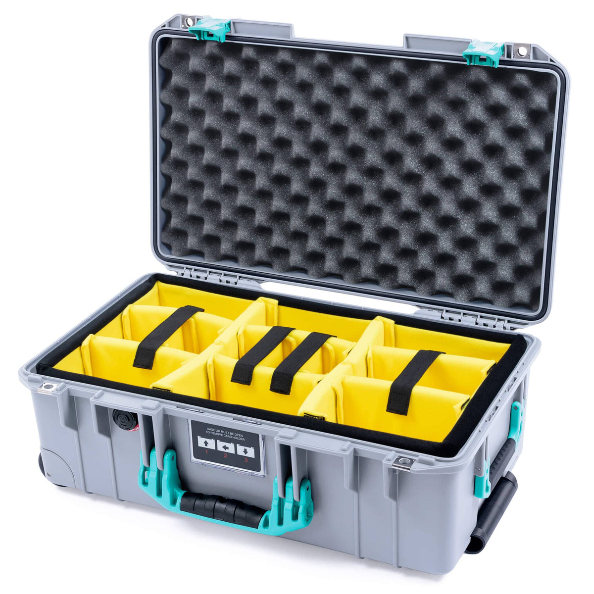 Pelican 1535 Air Case, Silver with Teal Handles &amp; Latches Yellow Padded Microfiber Dividers with Convoluted Lid Foam ColorCase 015350-0010-180-591