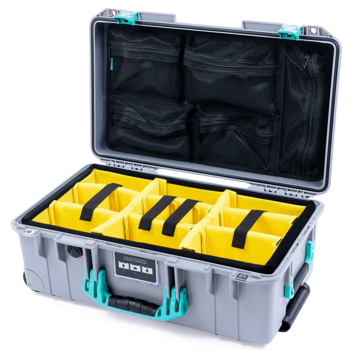 Pelican 1535 Air Case, Silver with Teal Handles &amp; Latches Yellow Padded Microfiber Dividers with Mesh Lid Organizer ColorCase 015350-0110-180-591