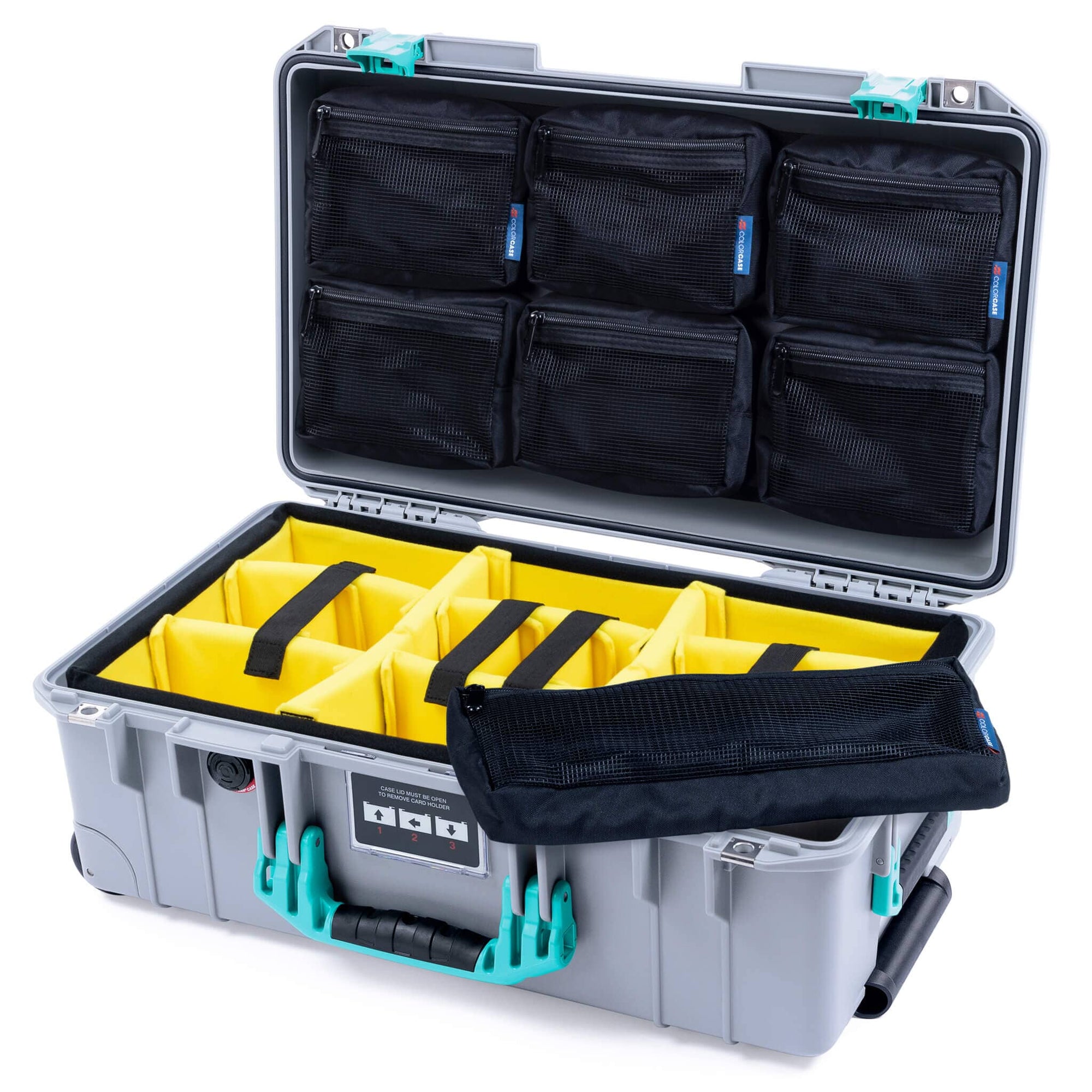 Pelican 1535 Air Case, Silver with Teal Handles & Latches Yellow Padded Microfiber Dividers with 7-Piece Removable Mesh Pouches ColorCase 015350-0710-180-591