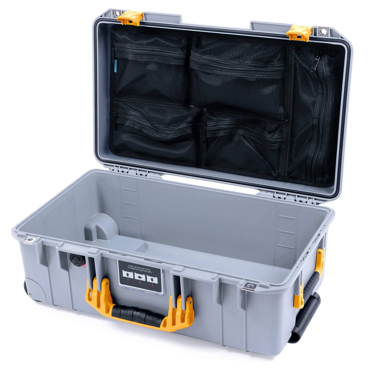 Pelican 1535 Air Case, Silver with Yellow Handles &amp; Latches Mesh Lid Organizer Only ColorCase 015350-0100-180-241
