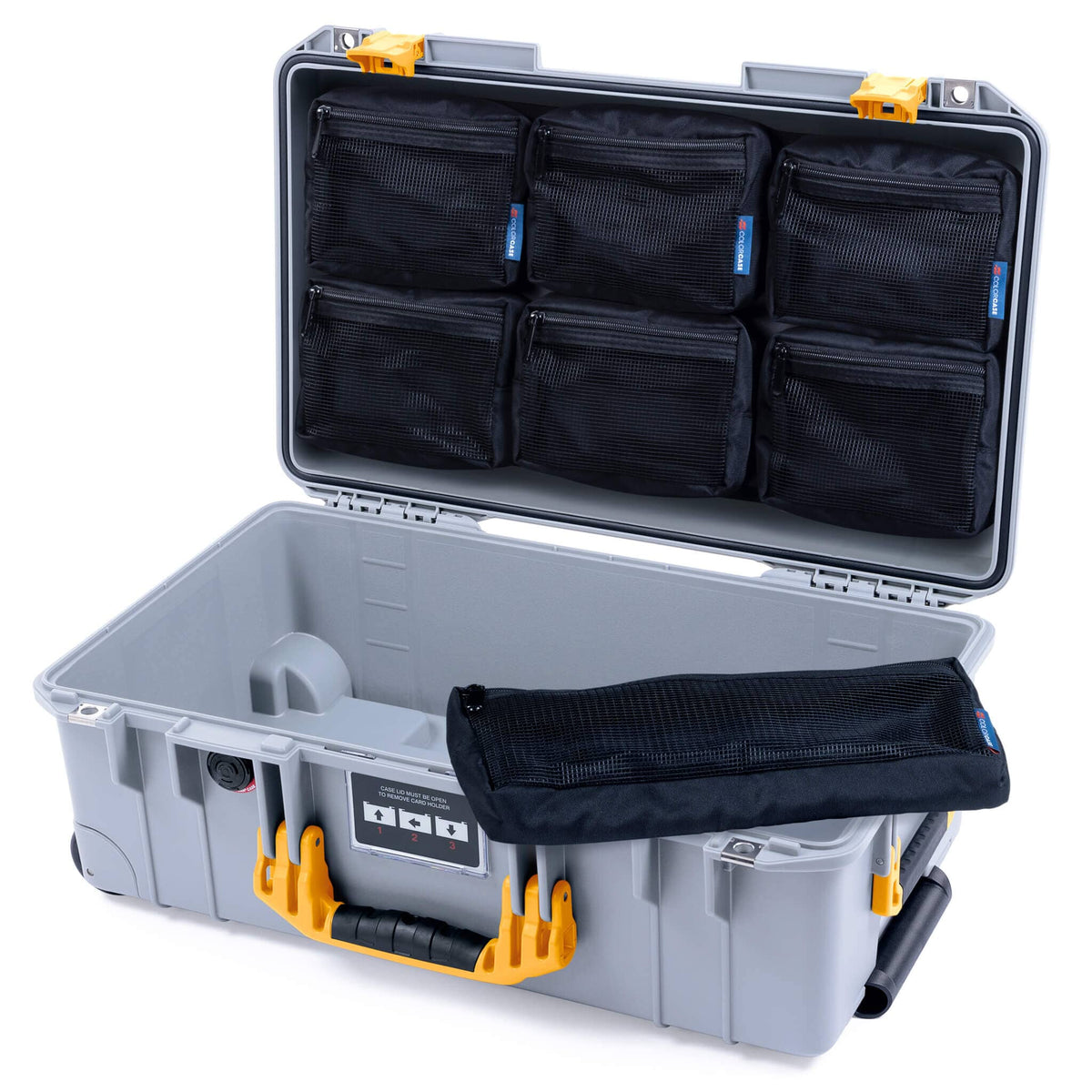 Pelican 1535 Air Case, Silver with Yellow Handles &amp; Latches 7-Piece Removable Mesh Pouches Only ColorCase 015350-0700-180-241