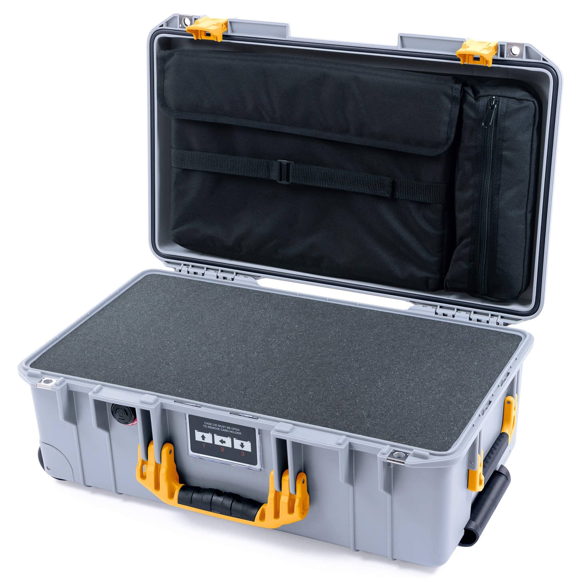 Pelican 1535 Air Case, Silver with Yellow Handles & Latches Pick & Pluck Foam with Laptop Computer Lid Pouch ColorCase 015350-0201-180-241