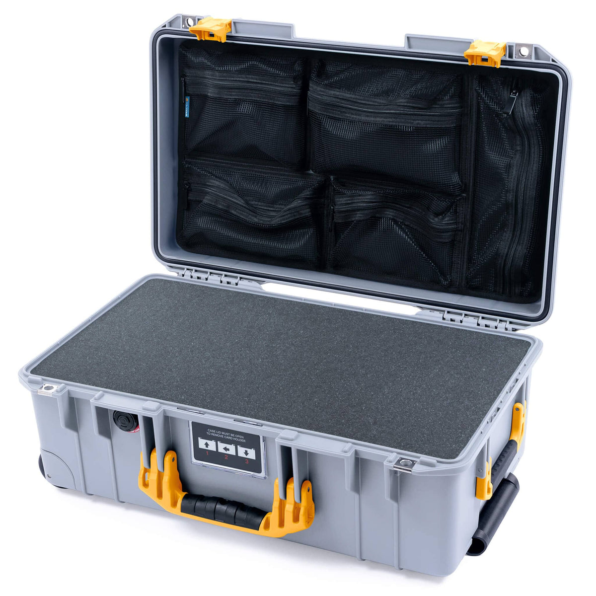 Pelican 1535 Air Case, Silver with Yellow Handles &amp; Latches Pick &amp; Pluck Foam with Mesh Lid Organizer ColorCase 015350-0101-180-241