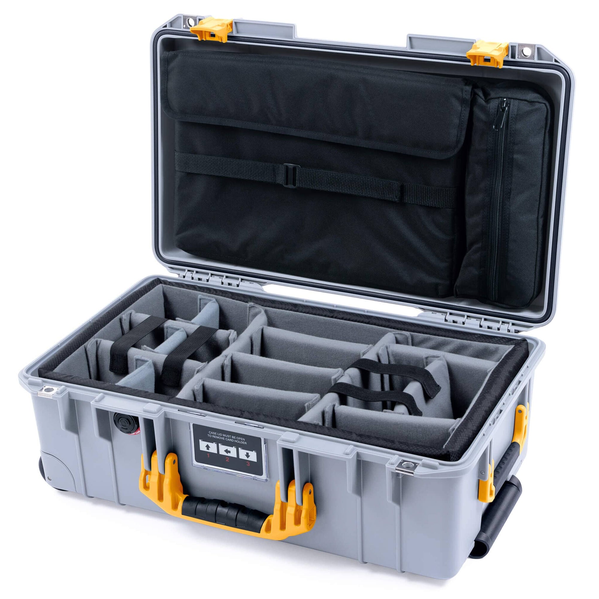 Pelican 1535 Air Case, Silver with Yellow Handles & Latches Gray Padded Microfiber Dividers with Laptop Computer Lid Pouch ColorCase 015350-0270-180-241