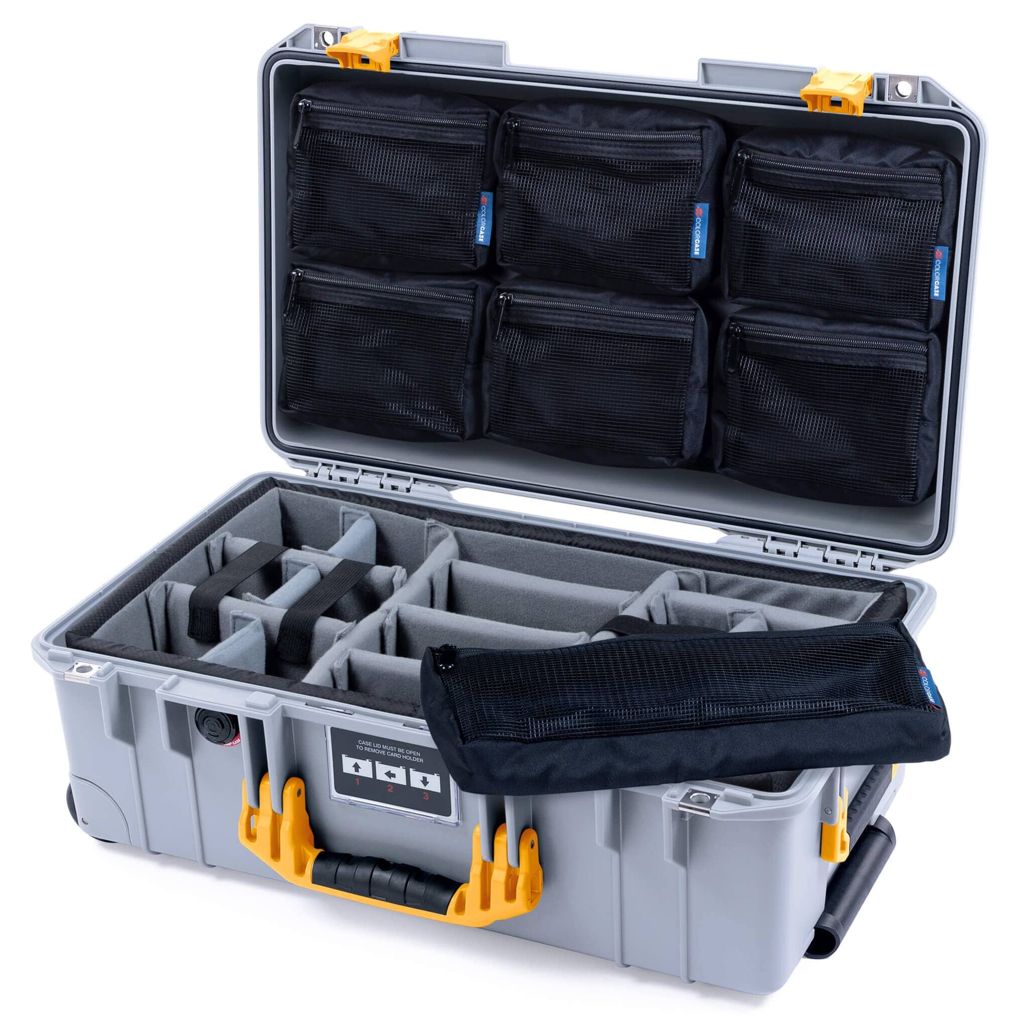 Pelican 1535 Air Case, Silver with Yellow Handles & Latches Gray Padded Microfiber Dividers with 7-Piece Removable Mesh Pouches ColorCase 015350-0770-180-241