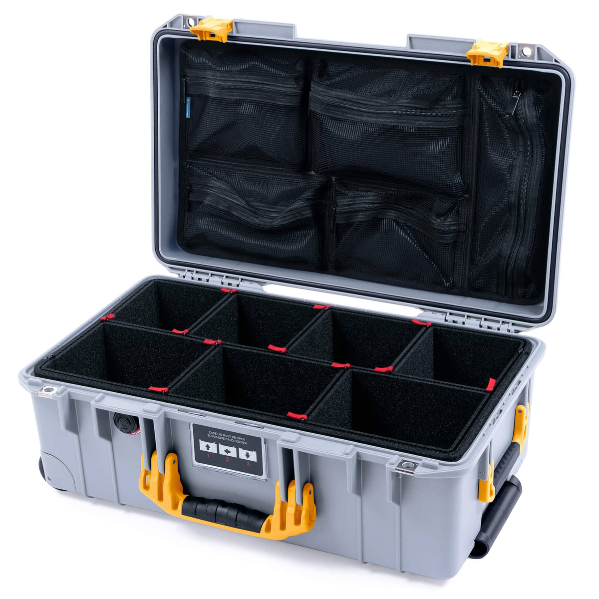 Pelican 1535 Air Case, Silver with Yellow Handles &amp; Latches TrekPak Divider System with Mesh Lid Organizer ColorCase 015350-0120-180-241