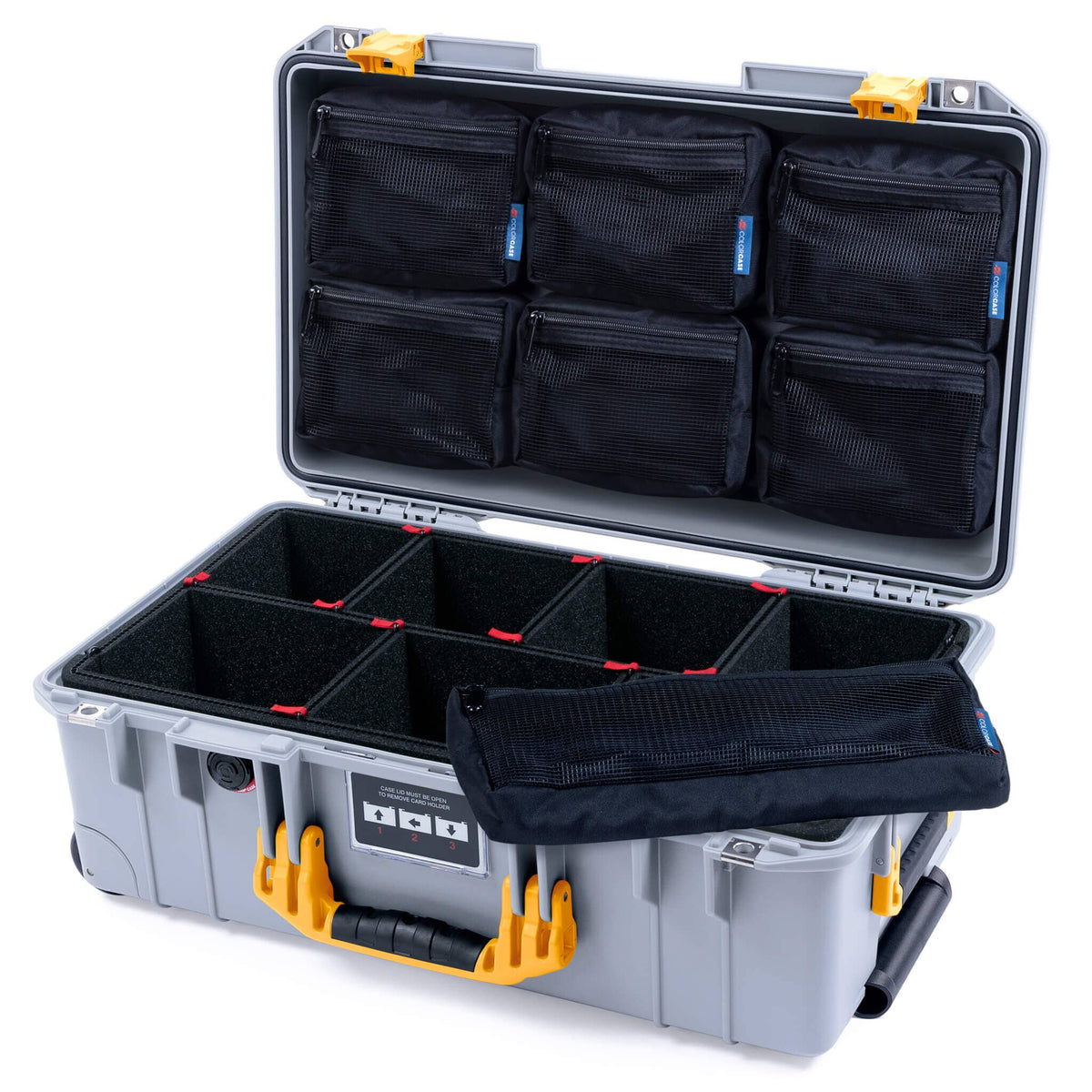 Pelican 1535 Air Case, Silver with Yellow Handles &amp; Latches TrekPak Divider System with 7-Piece Removable Mesh Pouches ColorCase 015350-0720-180-241