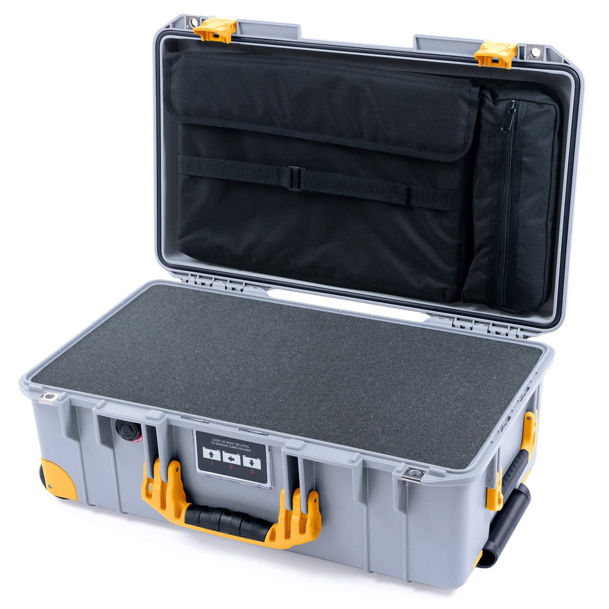 Pelican 1535 Air Case, Silver with Yellow Handles, Latches &amp; Trolley Pick &amp; Pluck Foam with Laptop Computer Lid Pouch ColorCase 015350-0201-180-241-240
