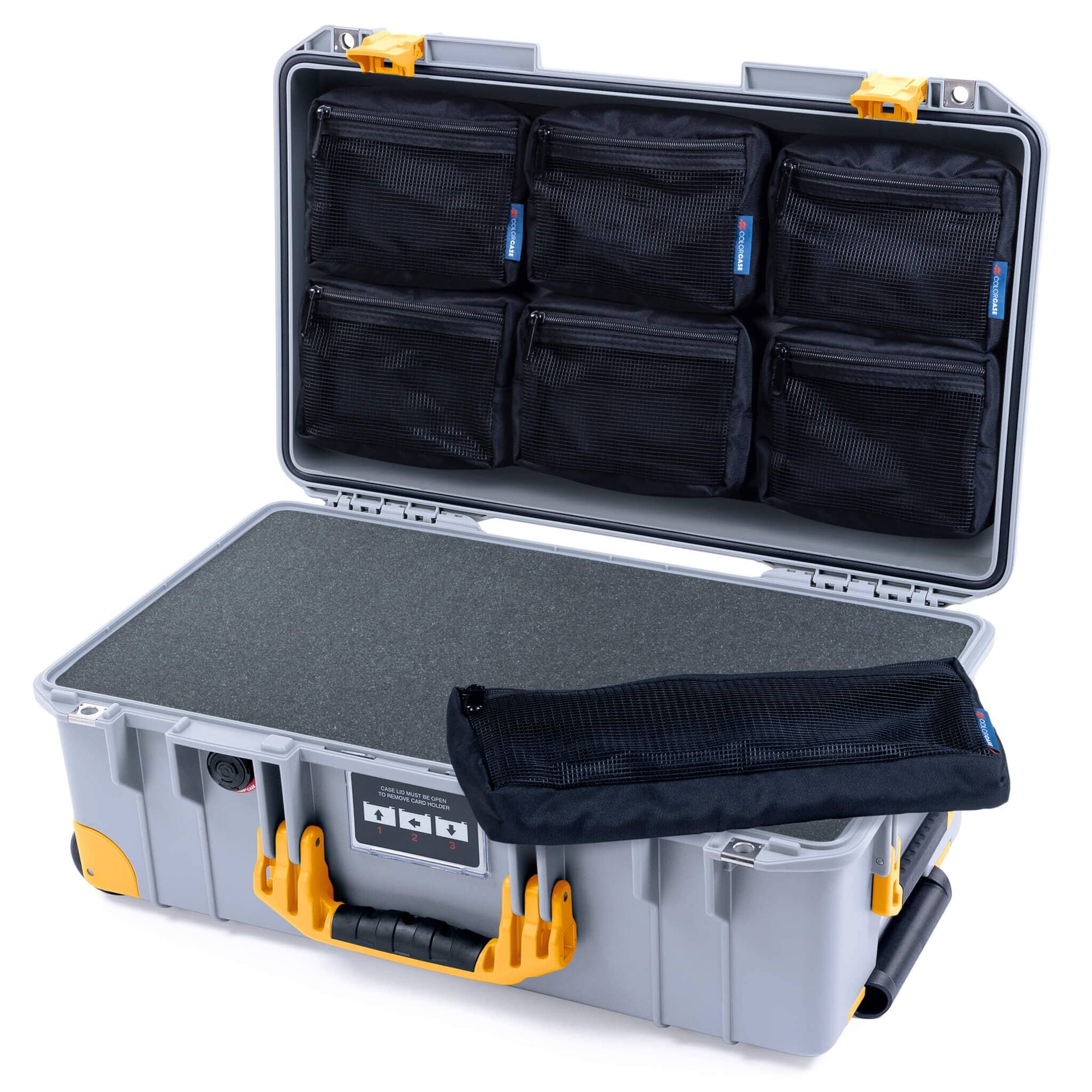 Pelican 1535 Air Case, Silver with Yellow Handles, Latches & Trolley Pick & Pluck Foam with 7-Piece Removable Mesh Pouches ColorCase 015350-0701-180-241-240