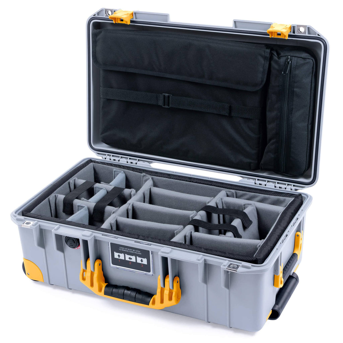 Pelican 1535 Air Case, Silver with Yellow Handles, Latches &amp; Trolley Gray Padded Microfiber Dividers with Laptop Computer Lid Pouch ColorCase 015350-0270-180-241-240