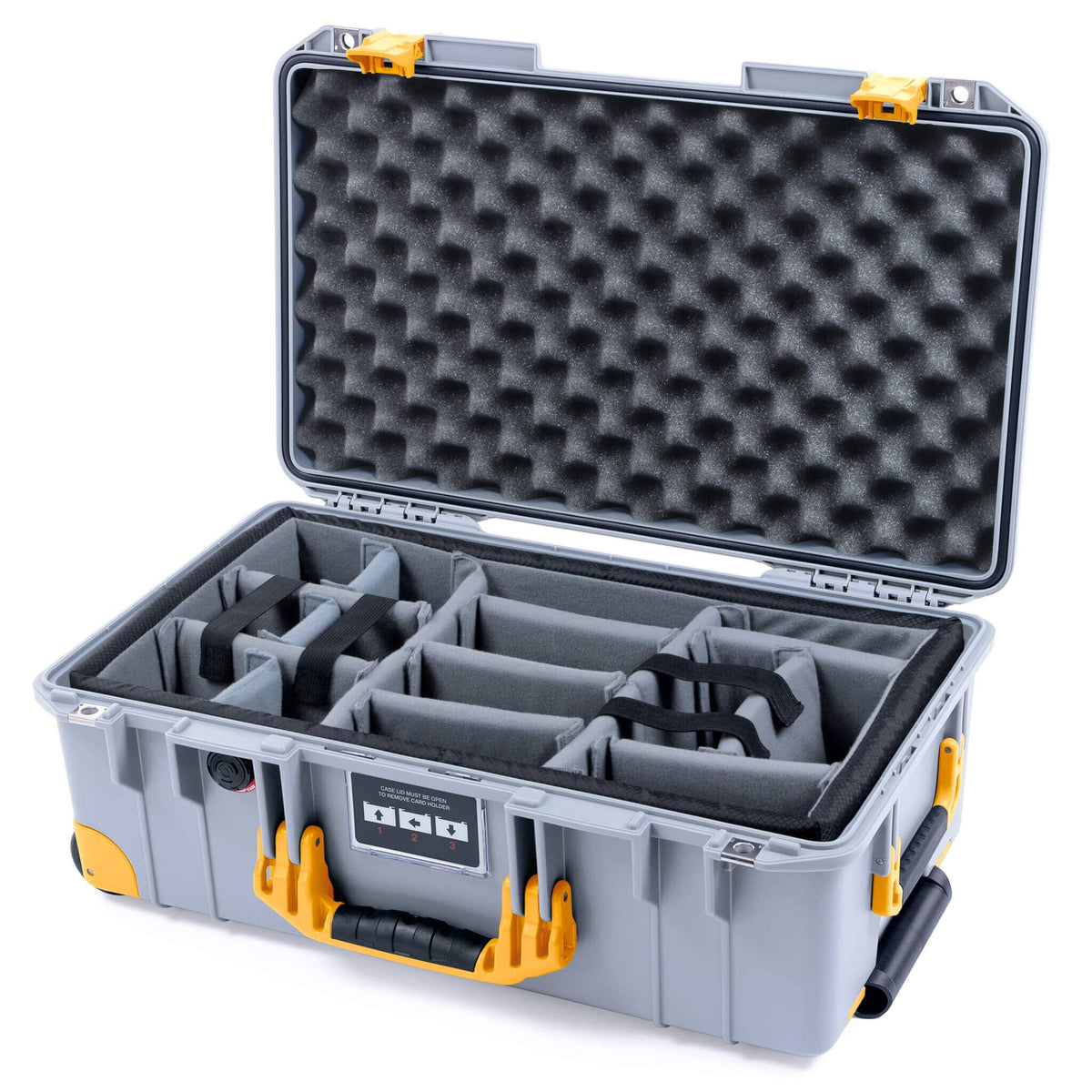 Pelican 1535 Air Case, Silver with Yellow Handles, Latches &amp; Trolley Gray Padded Microfiber Dividers with Convoluted Lid Foam ColorCase 015350-0070-180-241-240