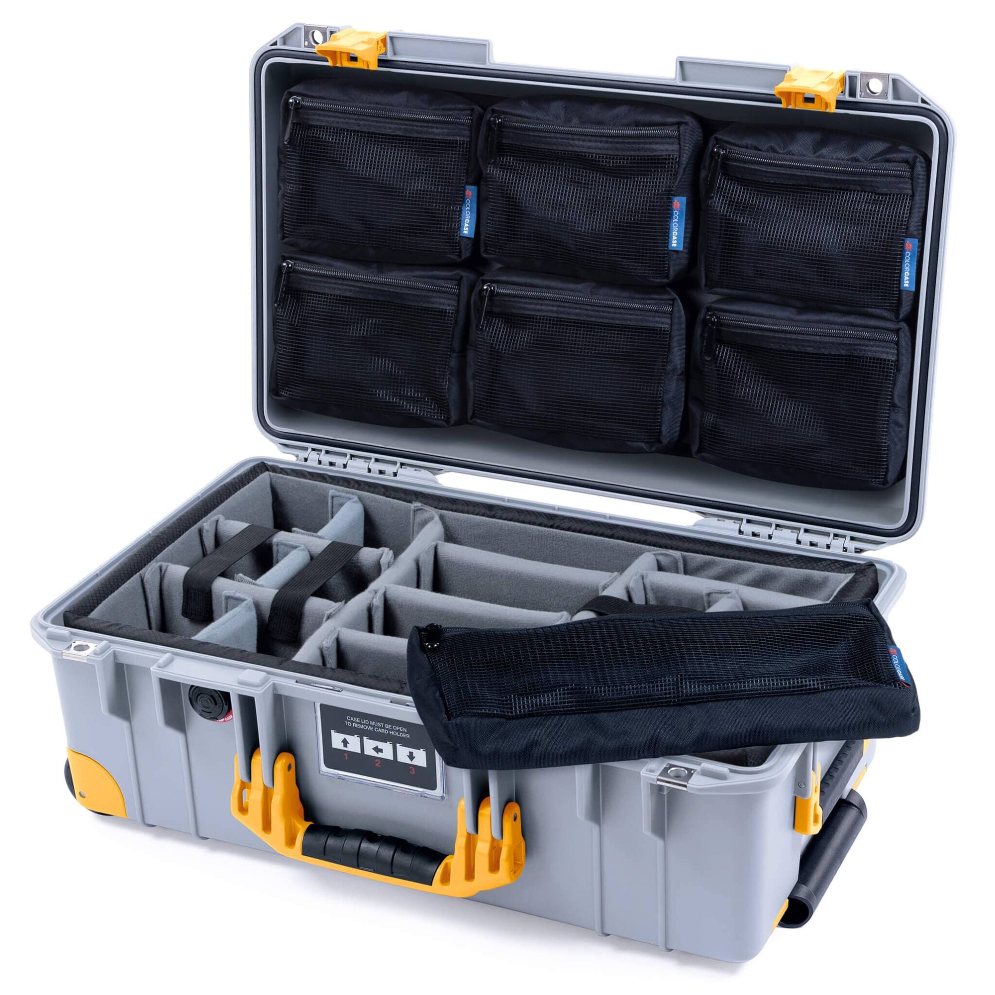 Pelican 1535 Air Case, Silver with Yellow Handles, Latches & Trolley Gray Padded Microfiber Dividers with 7-Piece Removable Mesh Pouches ColorCase 015350-0770-180-241-240