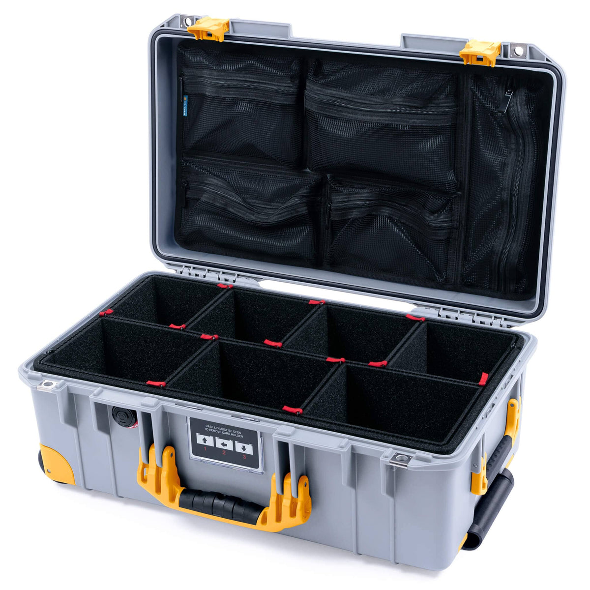 Pelican 1535 Air Case, Silver with Yellow Handles, Latches &amp; Trolley TrekPak Divider System with Mesh Lid Organizer ColorCase 015350-0120-180-241-240
