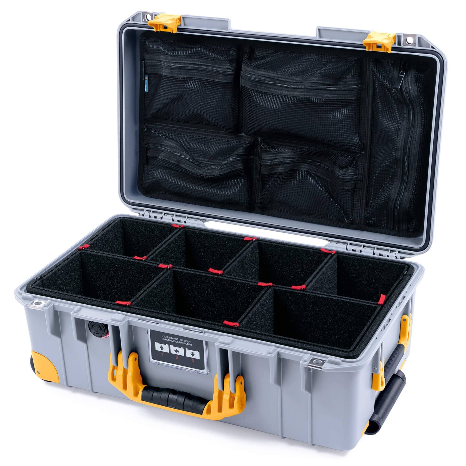 Pelican 1535 Air Case, Silver with Yellow Handles, Latches & Trolley TrekPak Divider System with Mesh Lid Organizer ColorCase 015350-0120-180-241-240