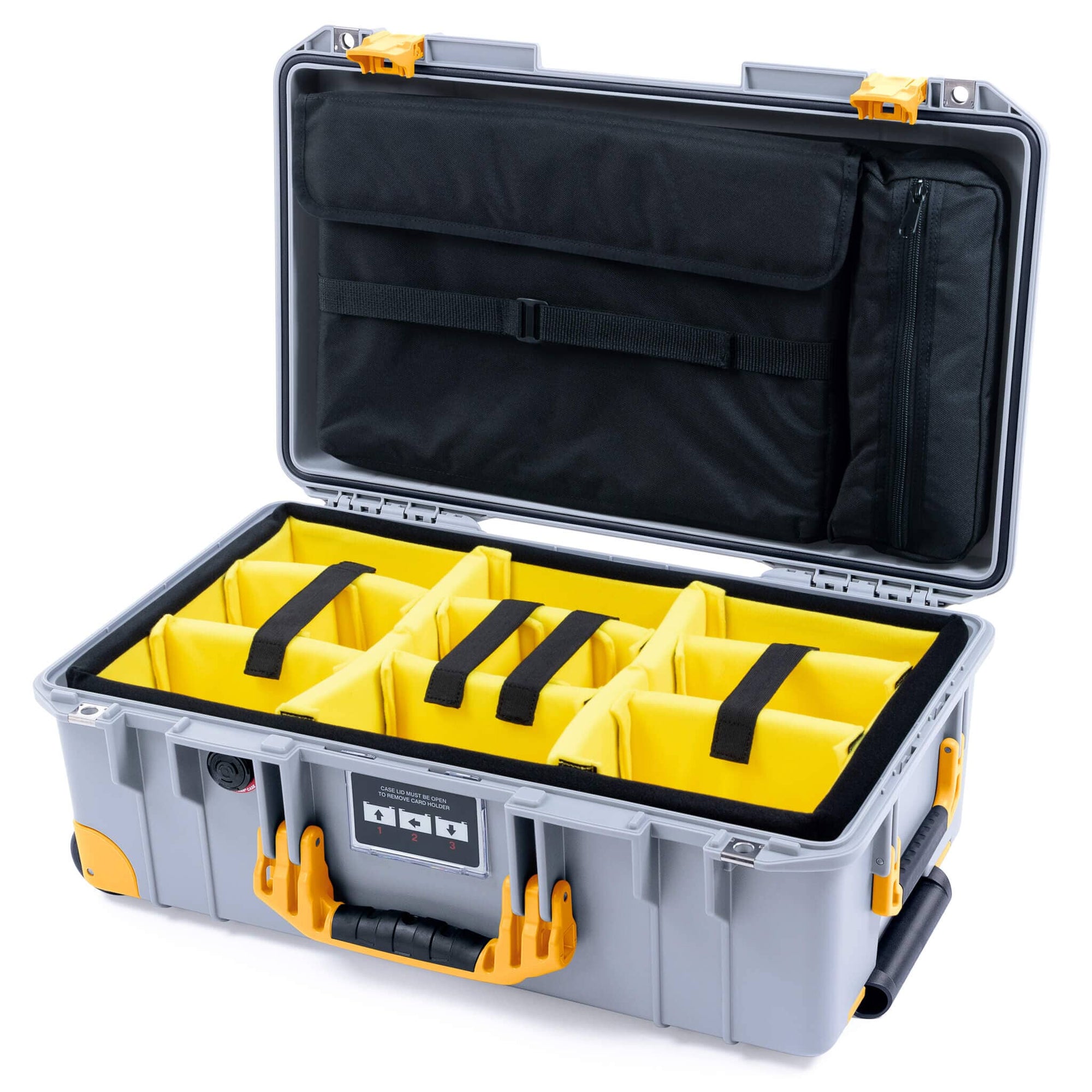 Pelican 1535 Air Case, Silver with Yellow Handles, Latches & Trolley Yellow Padded Microfiber Dividers with Laptop Computer Lid Pouch ColorCase 015350-0210-180-241-240