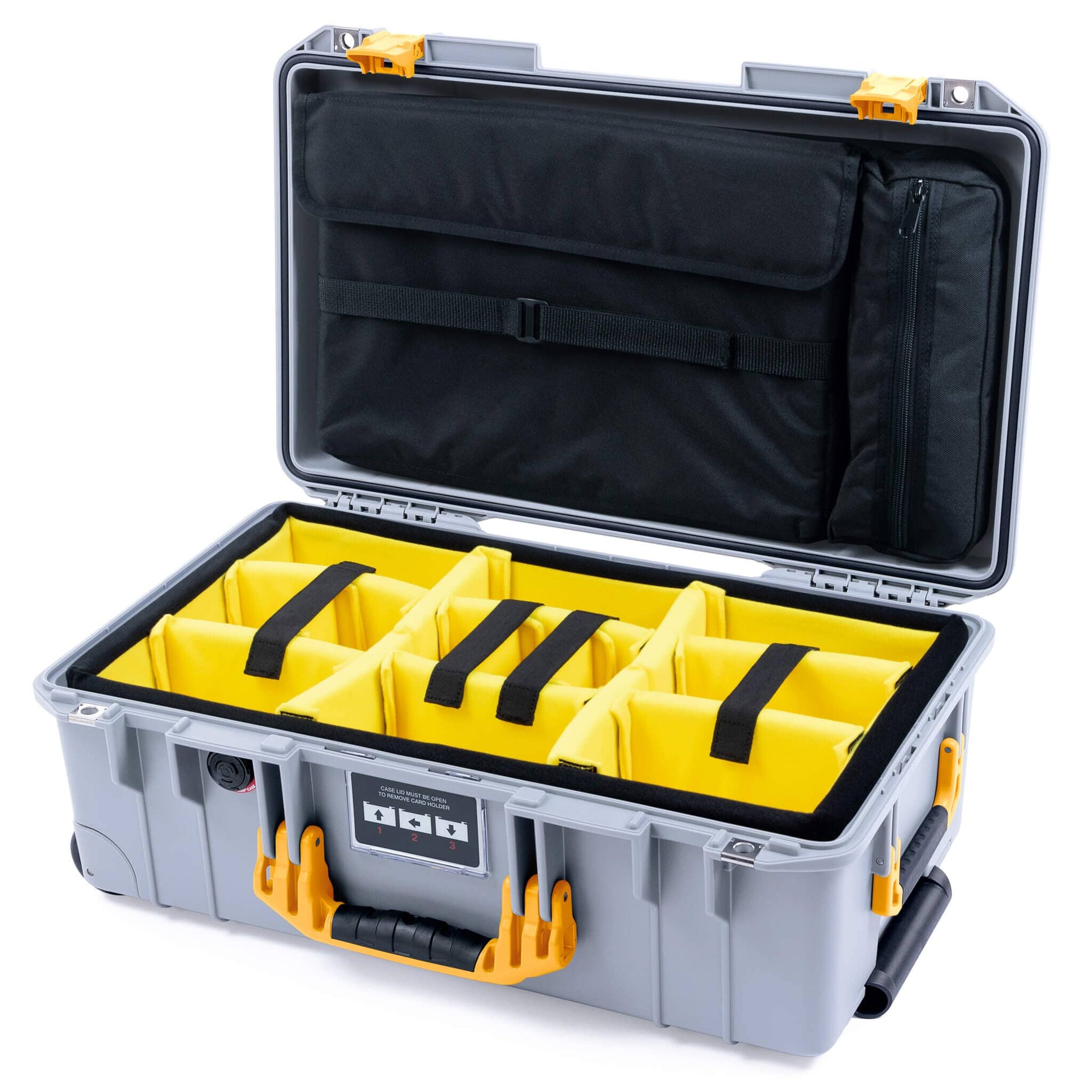 Pelican 1535 Air Case, Silver with Yellow Handles & Latches Yellow Padded Microfiber Dividers with Laptop Computer Lid Pouch ColorCase 015350-0210-180-241