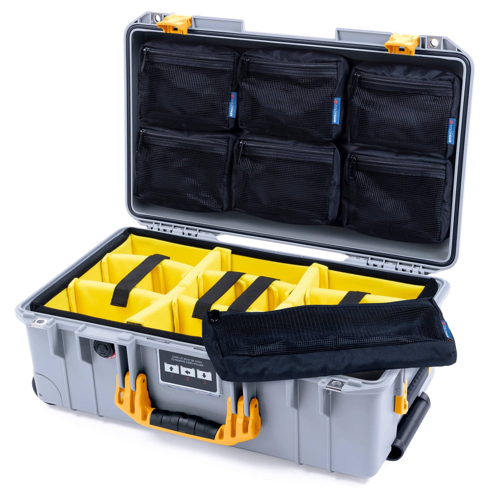 Pelican 1535 Air Case, Silver with Yellow Handles & Latches Yellow Padded Microfiber Dividers with 7-Piece Removable Mesh Pouches ColorCase 015350-0710-180-241