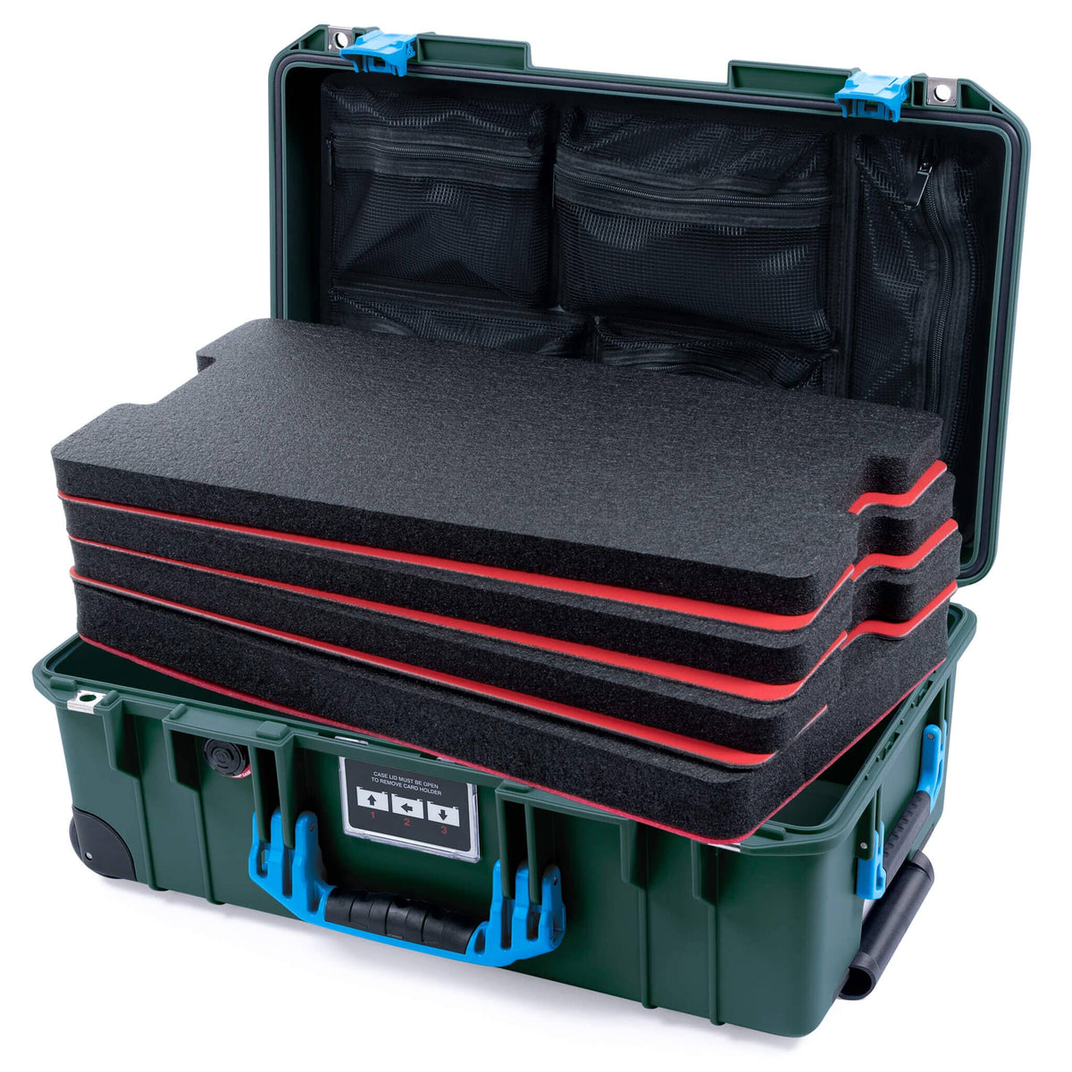 Pelican 1535 Air Case, Trekking Green with Blue Handles &amp; Push-Button Latches Custom Tool Kit (4 Foam Inserts with Mesh Lid Organizer) ColorCase 015350-0160-138-120-110