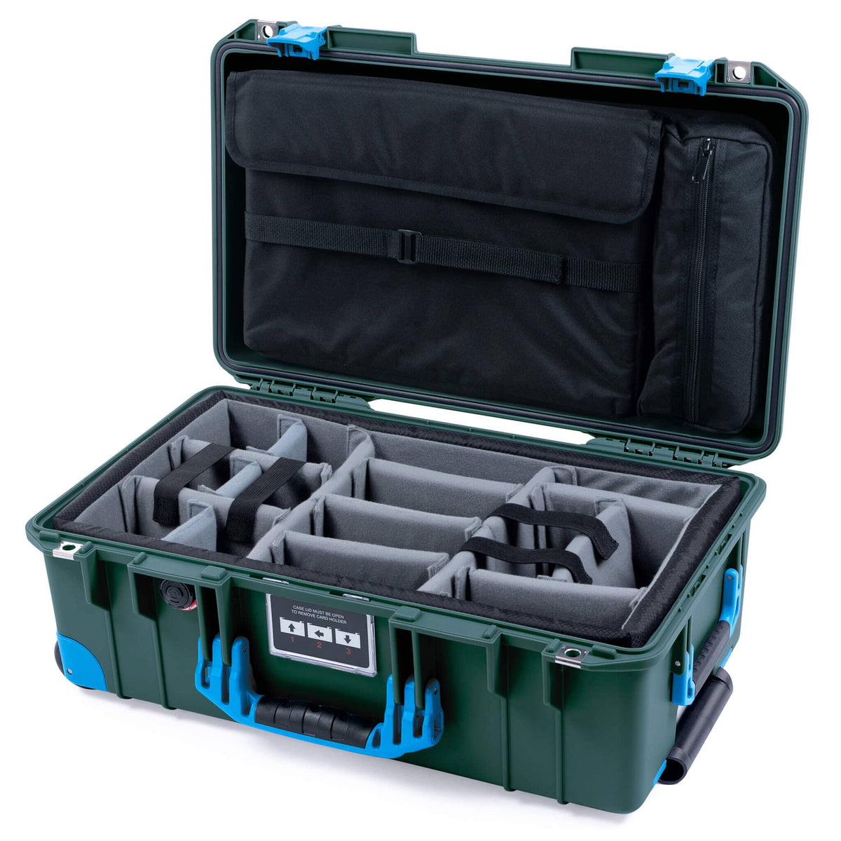 Pelican 1535 Air Case, Trekking Green with Blue Handles, Push-Button Latches &amp; Trolley Gray Padded Microfiber Dividers with Computer Pouch ColorCase 015350-0270-138-320-320