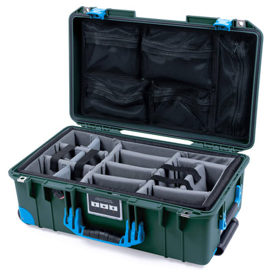 Pelican 1535 Air Case, Trekking Green with Blue Handles, Push-Button Latches & Trolley Gray Padded Microfiber Dividers with Mesh Lid Organizer ColorCase 015350-0170-138-320-320