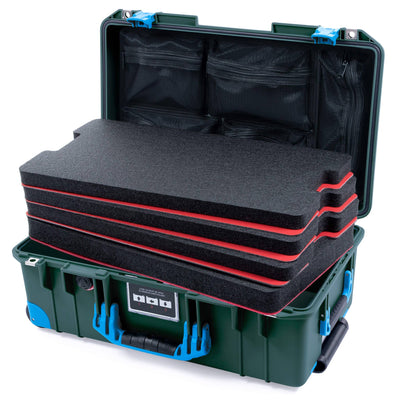 Pelican 1535 Air Case, Trekking Green with Blue Handles, Push-Button Latches & Trolley Custom Tool Kit (4 Foam Inserts with Mesh Lid Organizer) ColorCase 015350-0160-138-320-320