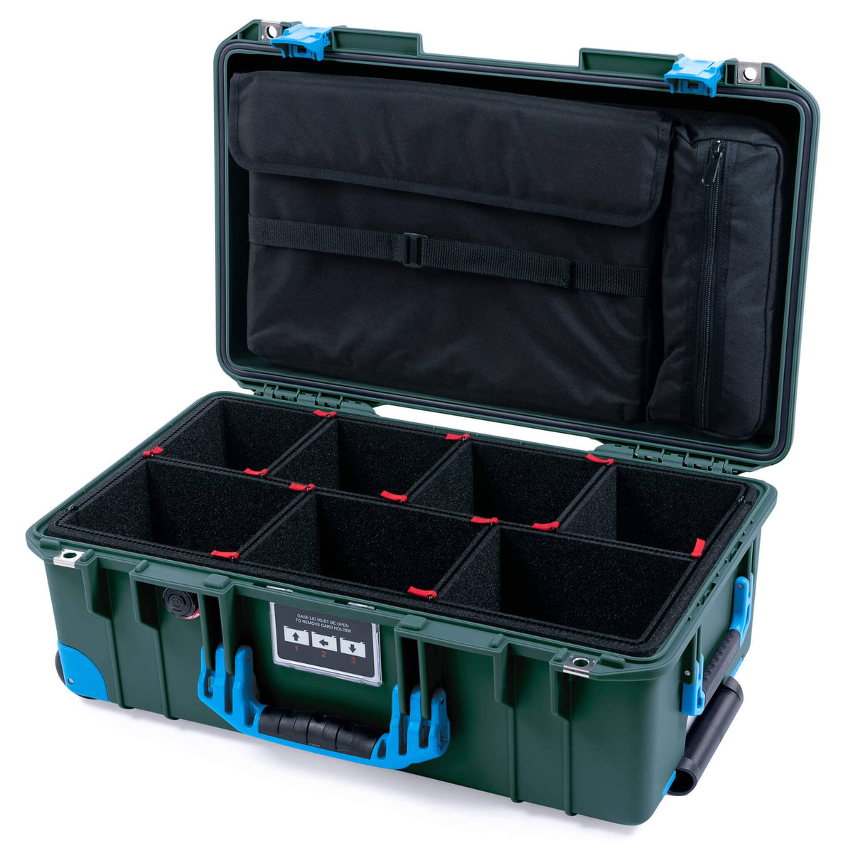 Pelican 1535 Air Case, Trekking Green with Blue Handles, Push-Button Latches &amp; Trolley TrekPak Divider System with Computer Pouch ColorCase 015350-0220-138-320-320