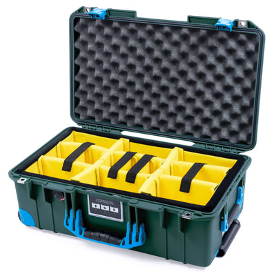 Pelican 1535 Air Case, Trekking Green with Blue Handles, Push-Button Latches & Trolley Yellow Padded Microfiber Dividers with Convolute Lid Foam ColorCase 015350-0010-138-320-320