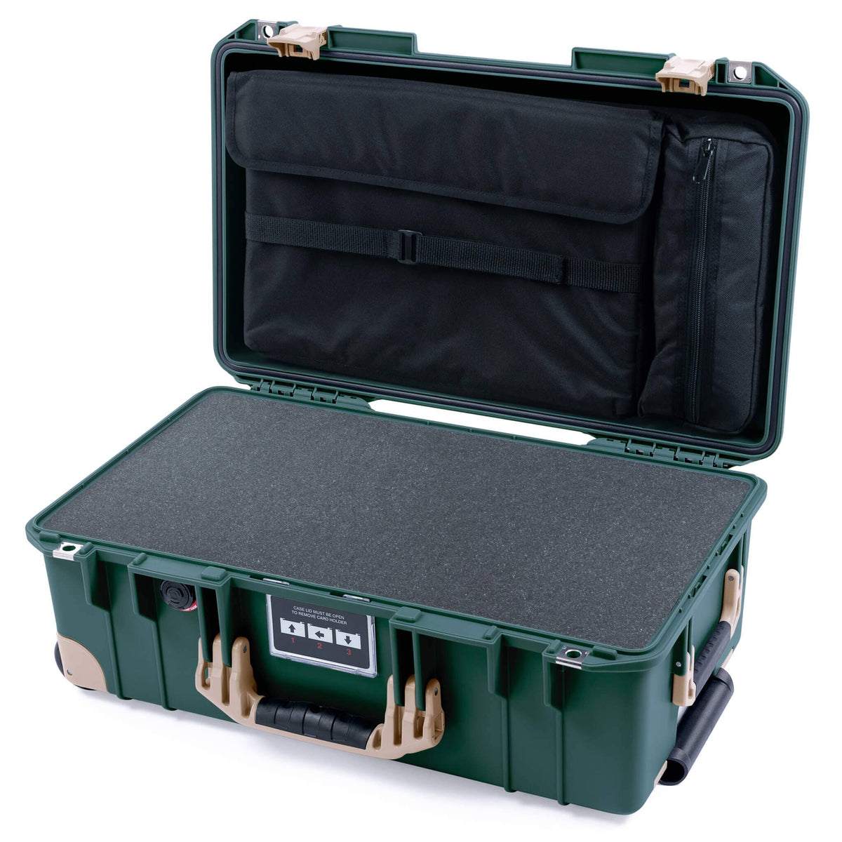 Pelican 1535 Air Case, Trekking Green with Desert Tan Handles, Latches &amp; Trolley Pick &amp; Pluck Foam with Computer Pouch ColorCase 015350-0201-560-311-310