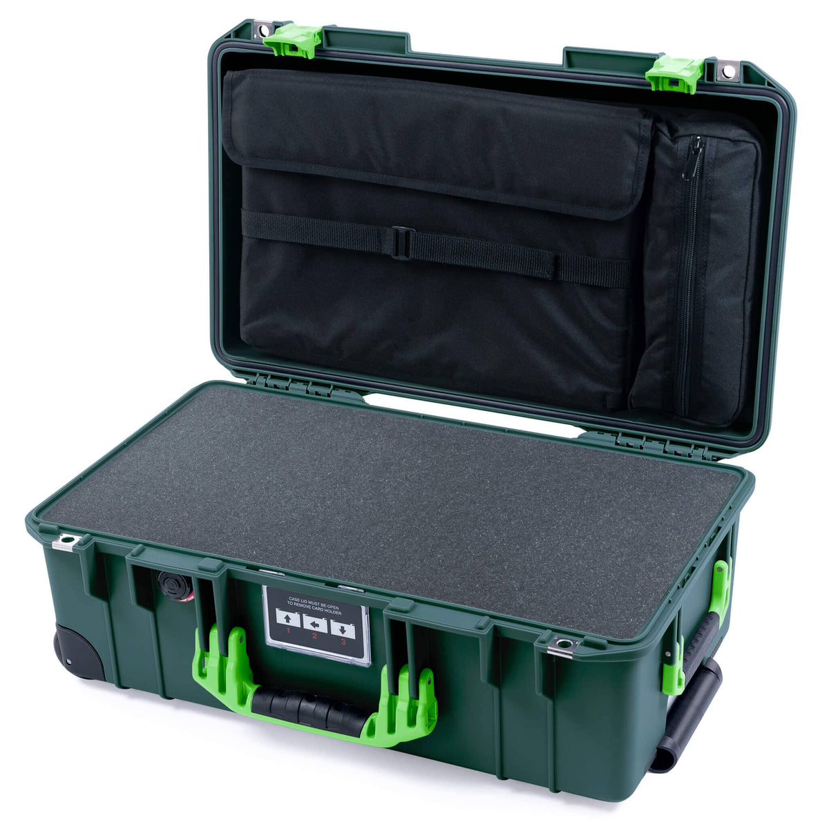 Pelican 1535 Air Case, Trekking Green with Lime Green Handles &amp; Latches Pick &amp; Pluck Foam with Computer Pouch ColorCase 015350-0201-560-301