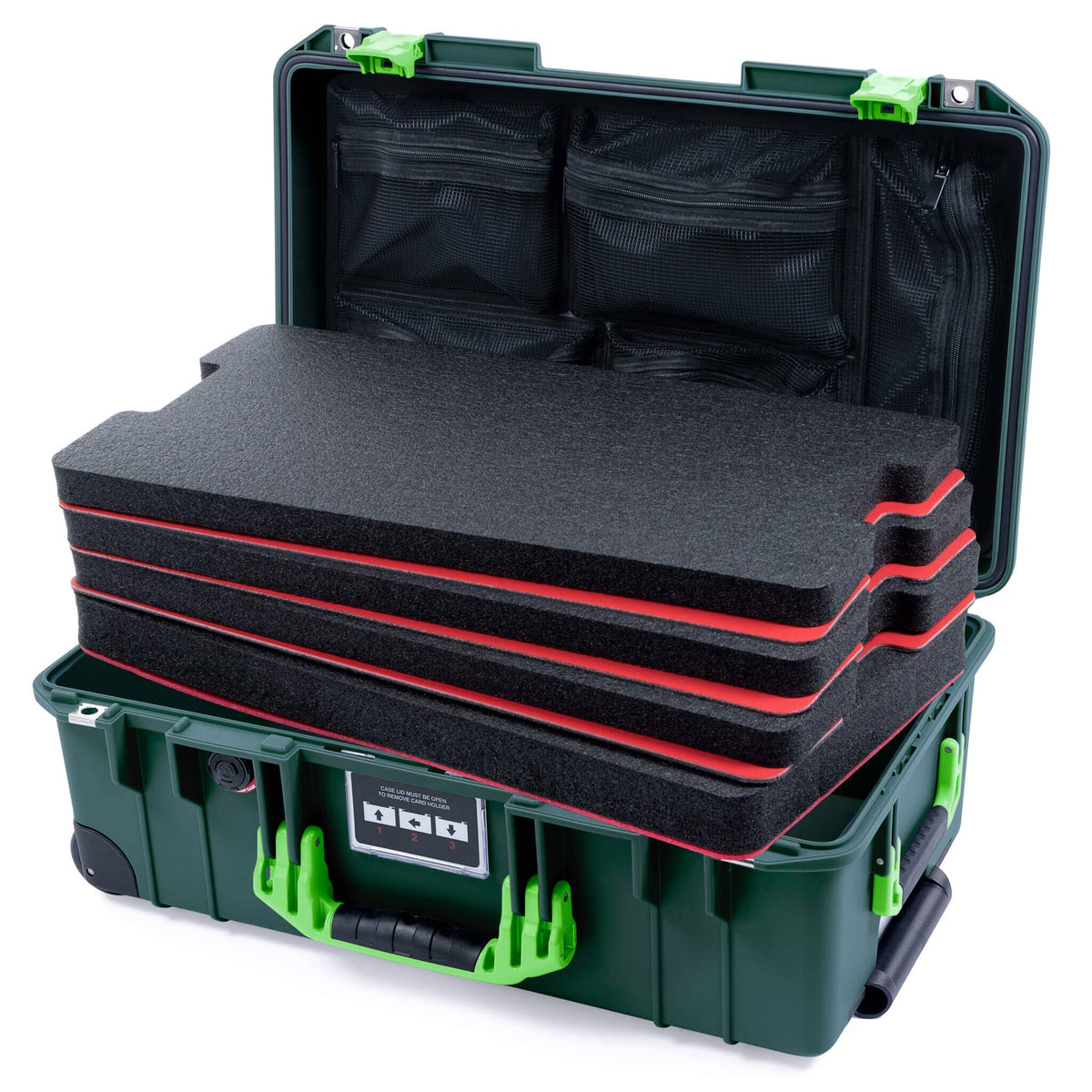 Pelican 1535 Air Case, Trekking Green with Lime Green Handles &amp; Latches Custom Tool Kit (4 Foam Inserts with Mesh Lid Organizer) ColorCase 015350-0160-560-301