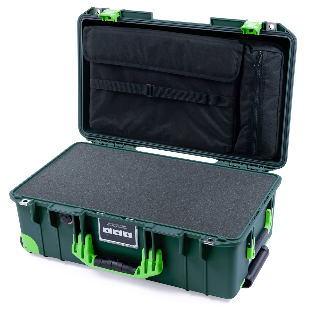Pelican 1535 Air Case, Trekking Green with Lime Green Handles, Latches &amp; Trolley Pick &amp; Pluck Foam with Computer Pouch ColorCase 015350-0201-560-301-300